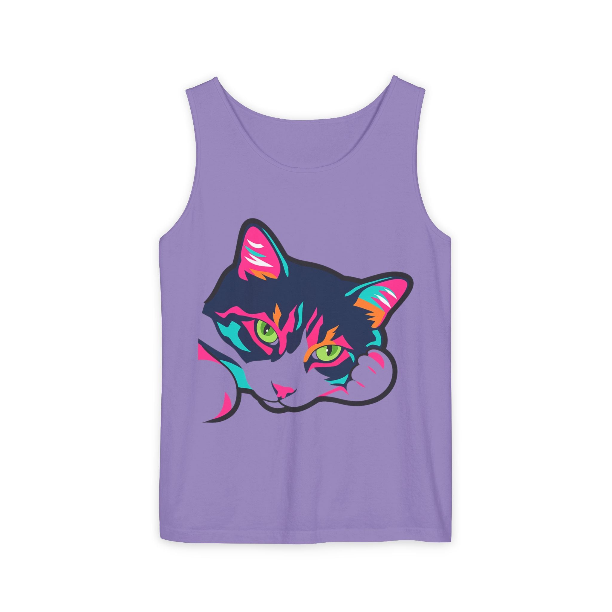 Neon Lulu Cat Face Tank | Bold Pop Art Cat Graphic | Comfort Colors Tank Top | Cat Lover Gift