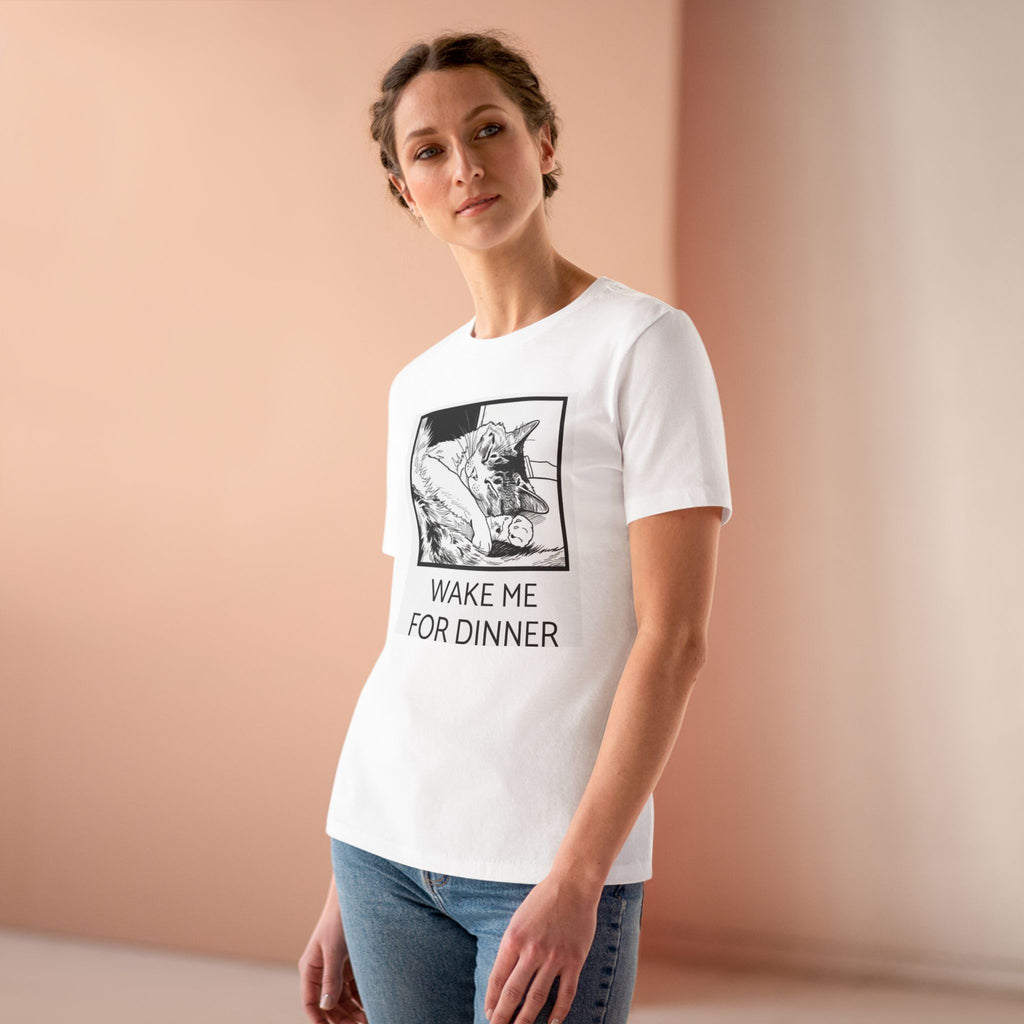 Sleeping Cat Illustration Wake Me For Dinner Tee | Cat Lover Shirt