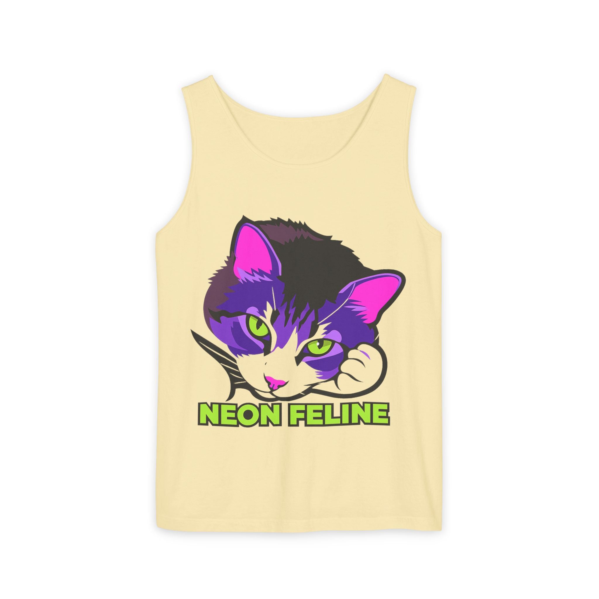 Neon Feline | Lulu Cat Face Tank | Bold Pop Art Cat Graphic | Comfort Colors Tank Top | Cat Lover Gift