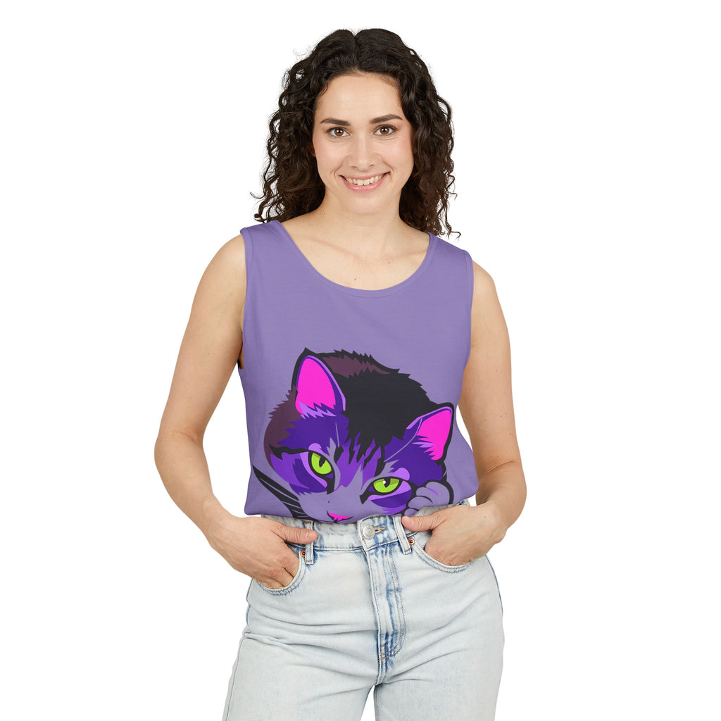 Neon Feline | Lulu Cat Face Tank | Bold Pop Art Cat Graphic | Comfort Colors Tank Top | Cat Lover Gift