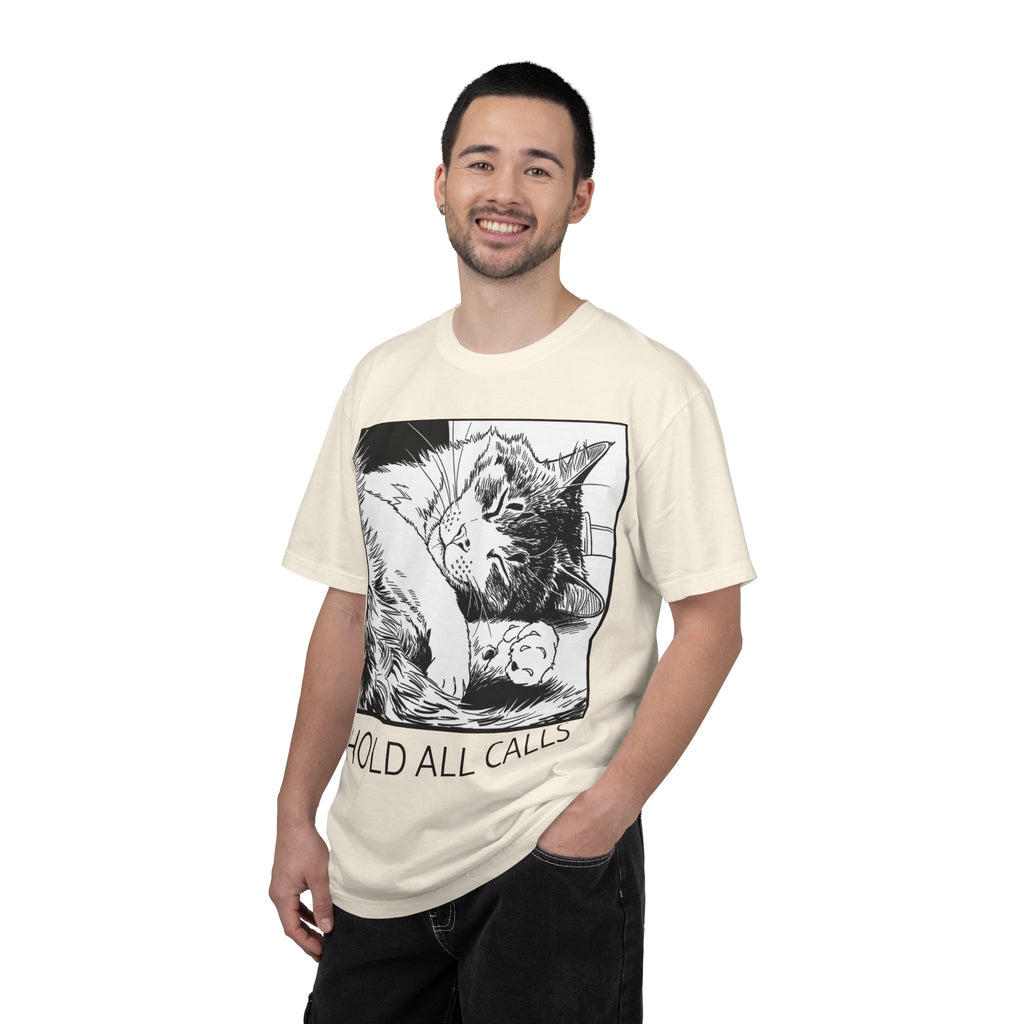 Hold All Calls Sleeping Cat Tee | Funny Cat Comfort Colors Shirt | Cat Lover Gift | Sarcastic Cat Mom Tee