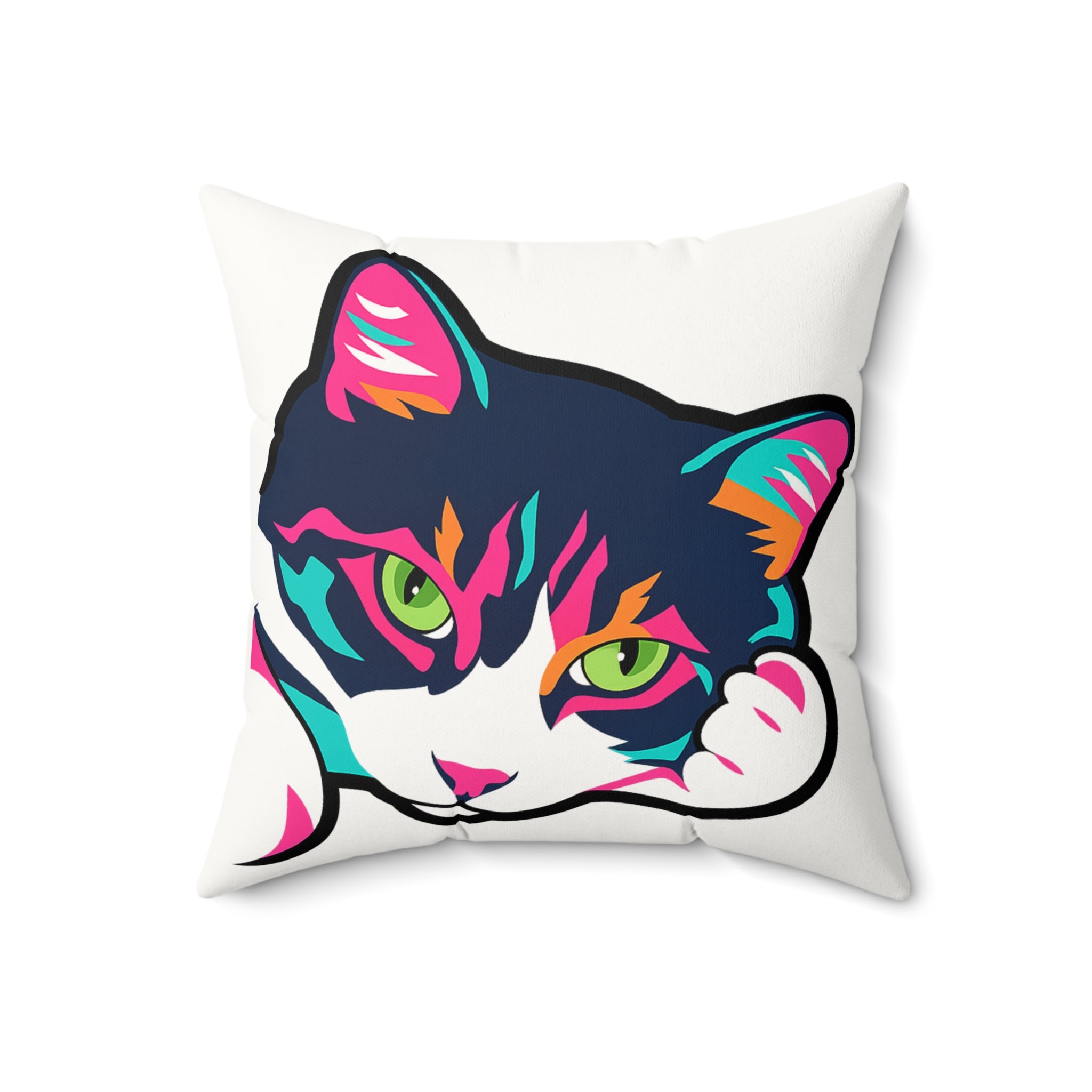 Colorful Pop Art Cat Faux Suede Square Pillow | Bright Neon Kitty Throw Pillow