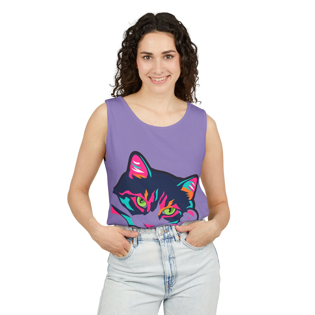 Neon Lulu Cat Face Tank | Bold Pop Art Cat Graphic | Comfort Colors Tank Top | Cat Lover Gift