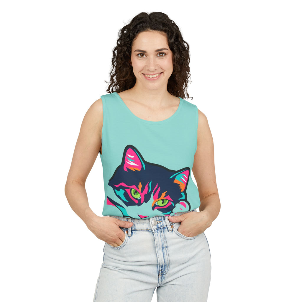 Neon Lulu Cat Face Tank | Bold Pop Art Cat Graphic | Comfort Colors Tank Top | Cat Lover Gift