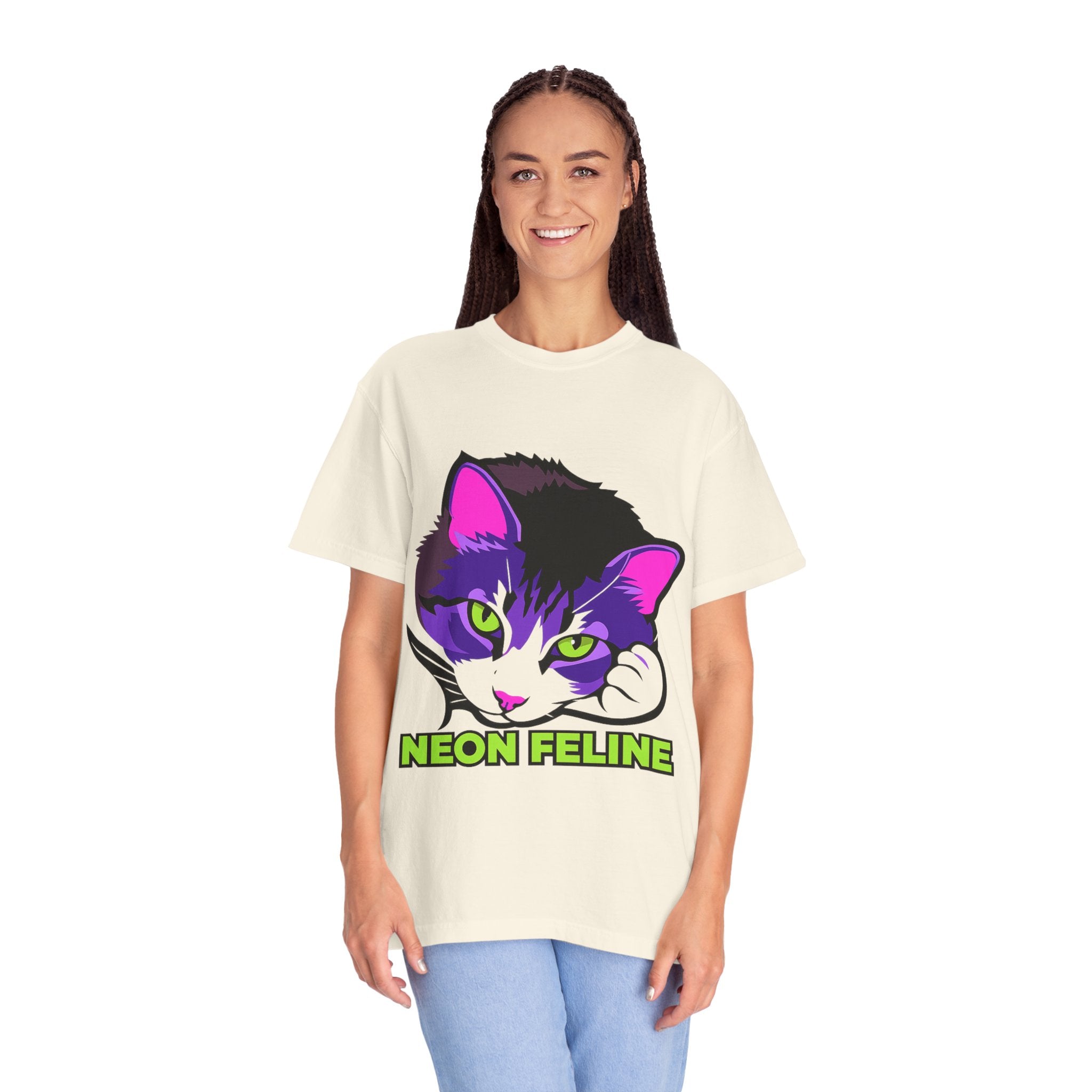 Neon Feline | Lulu Cat Face Comfort Colors Tee | Bold Neon Cat Graphic Shirt | Cat Lover Gift