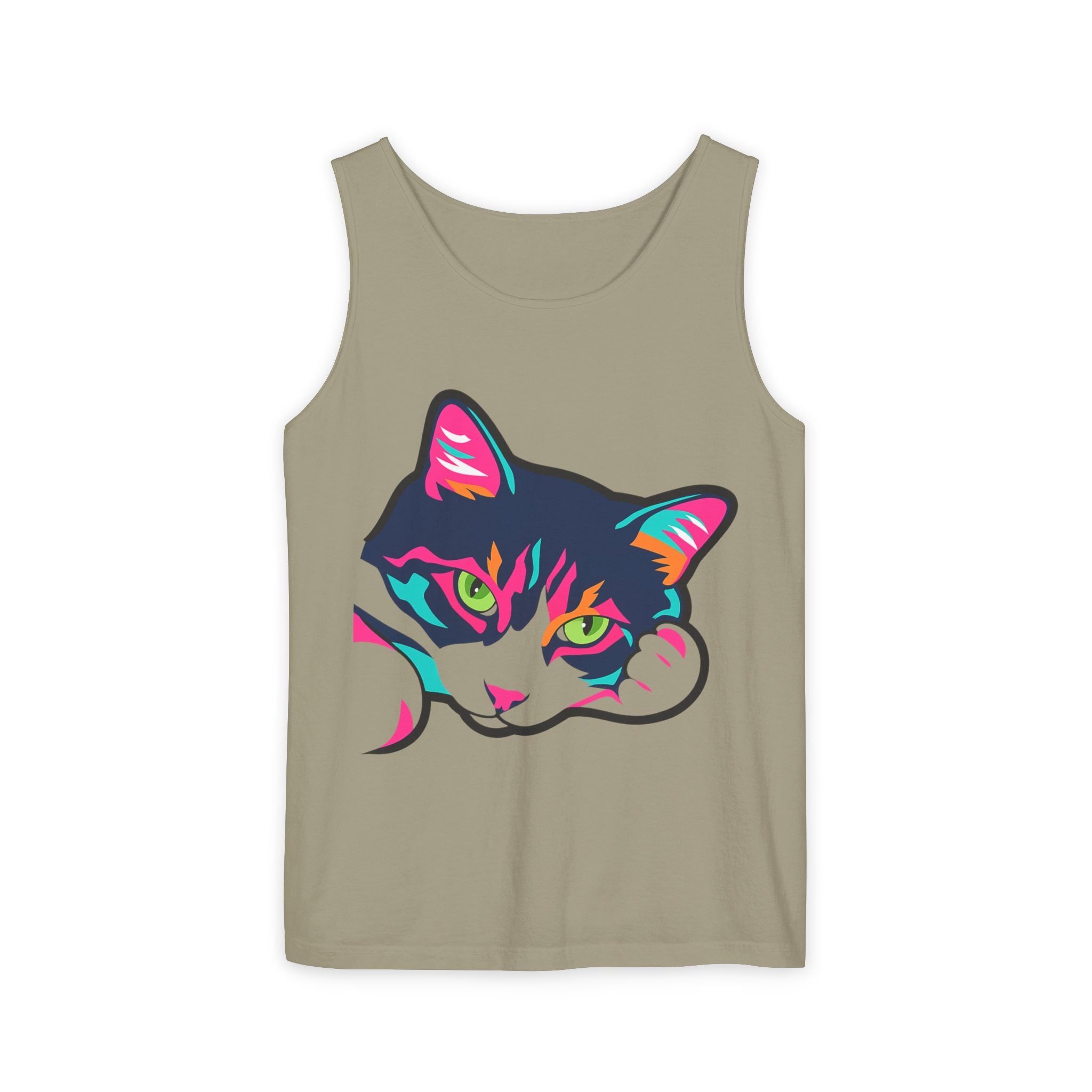 Neon Lulu Cat Face Tank | Bold Pop Art Cat Graphic | Comfort Colors Tank Top | Cat Lover Gift