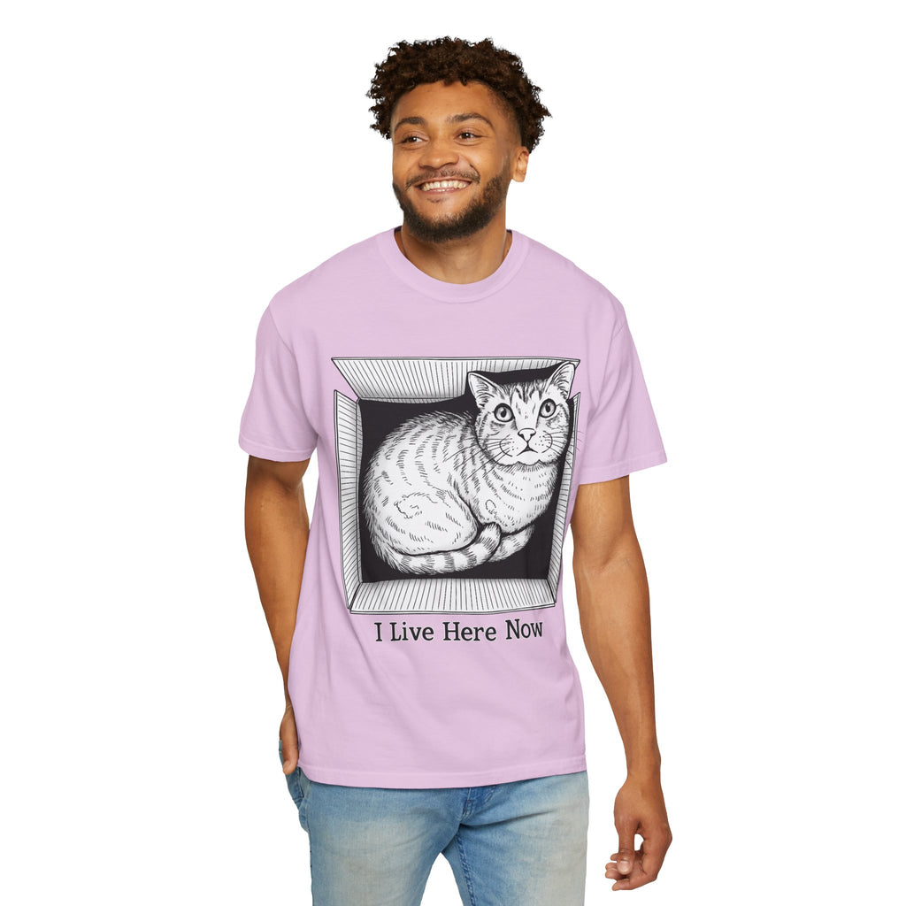 I Live Here Now | Floyd Cat in Box Comfort Colors Tee | Funny Cat Lover Shirt | Tabby Cat Gift
