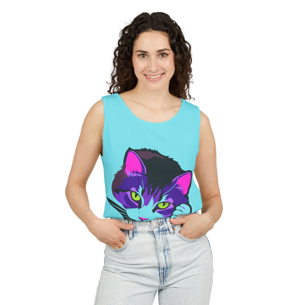 Neon Feline | Lulu Cat Face Tank | Bold Pop Art Cat Graphic | Comfort Colors Tank Top | Cat Lover Gift