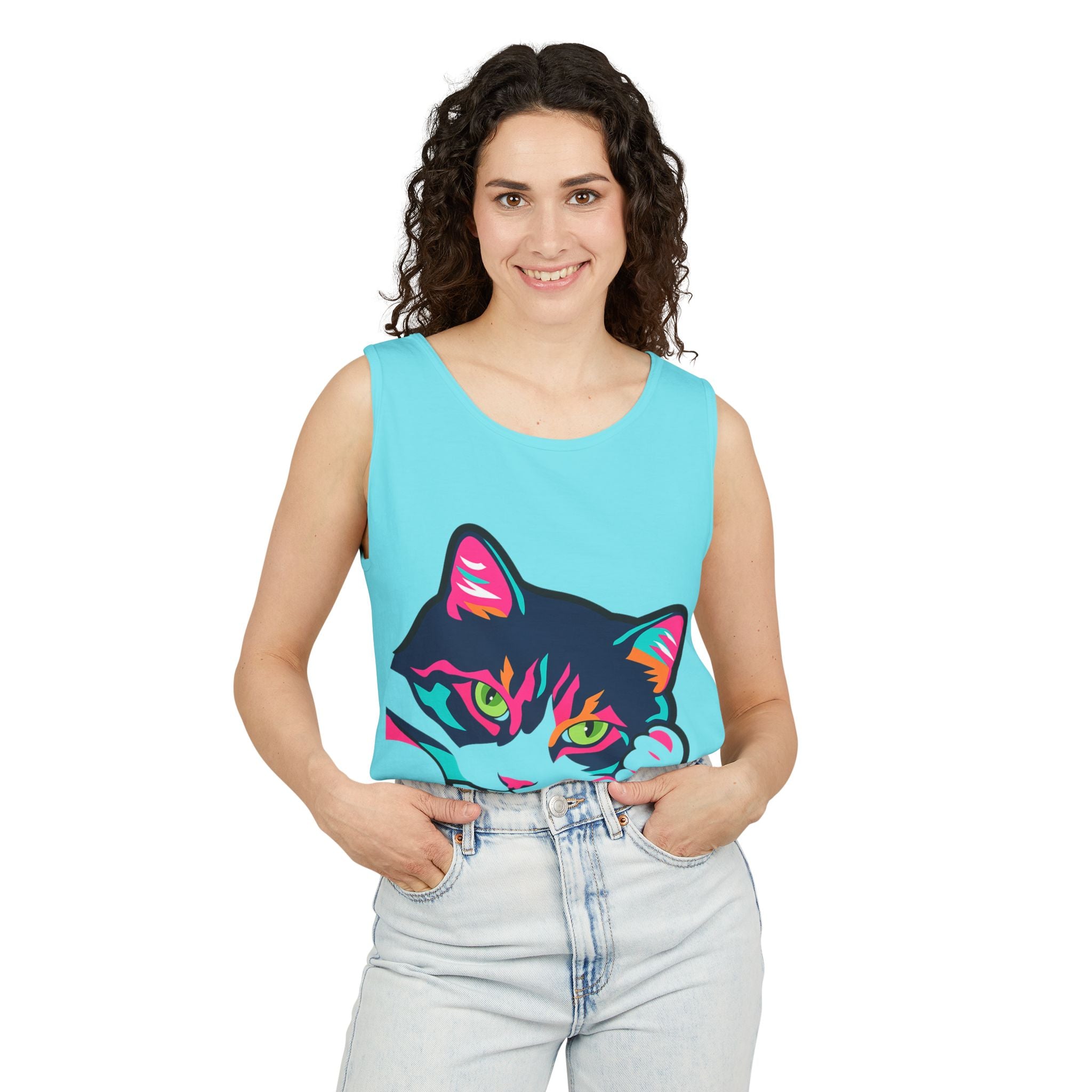 Neon Lulu Cat Face Tank | Bold Pop Art Cat Graphic | Comfort Colors Tank Top | Cat Lover Gift