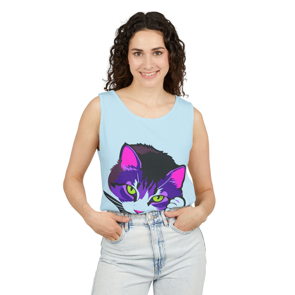Neon Feline | Lulu Cat Face Tank | Bold Pop Art Cat Graphic | Comfort Colors Tank Top | Cat Lover Gift