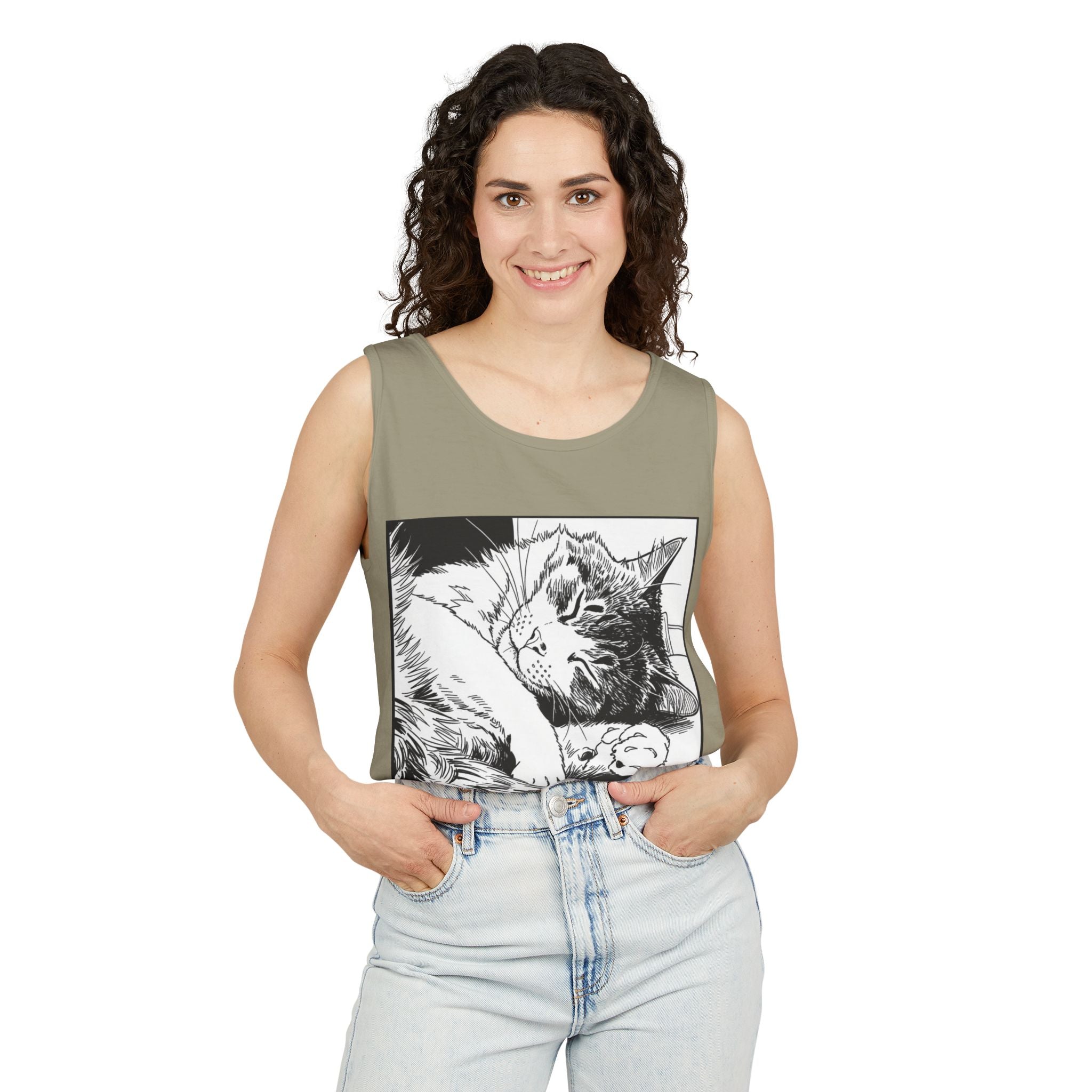 Wake Me For Dinner | Sleeping Lulu Cat Tank | Funny Cat Comfort Colors Tank Top | Cat Lover Gift