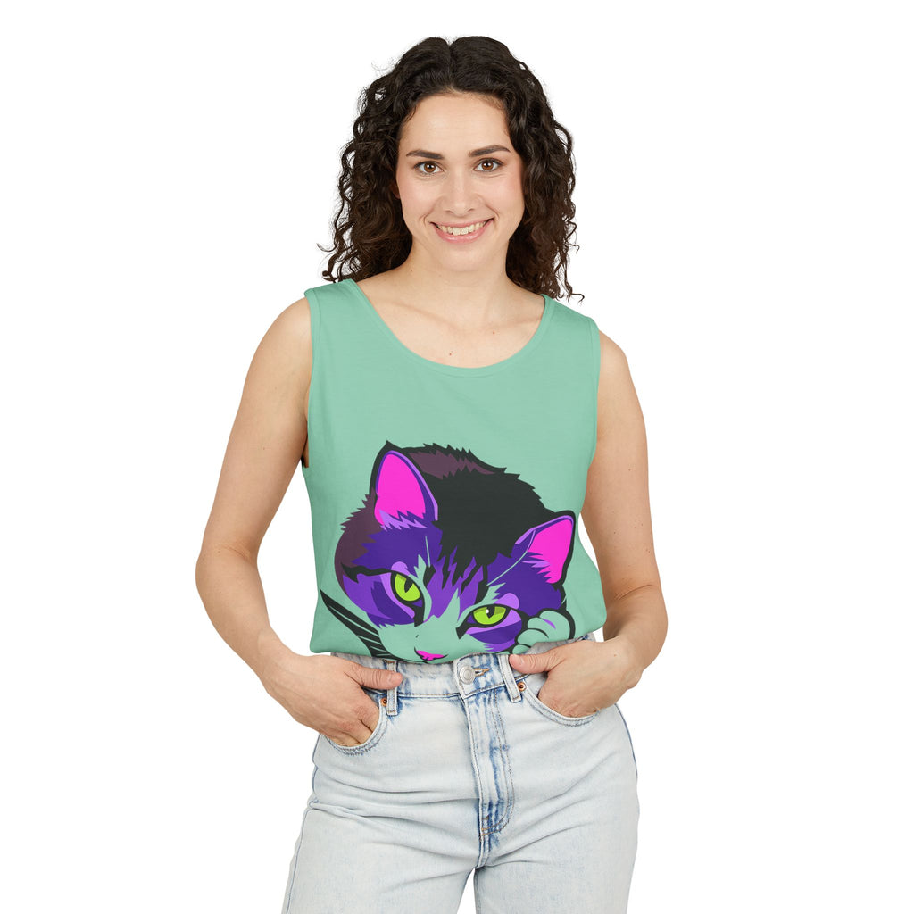 Neon Feline | Lulu Cat Face Tank | Bold Pop Art Cat Graphic | Comfort Colors Tank Top | Cat Lover Gift