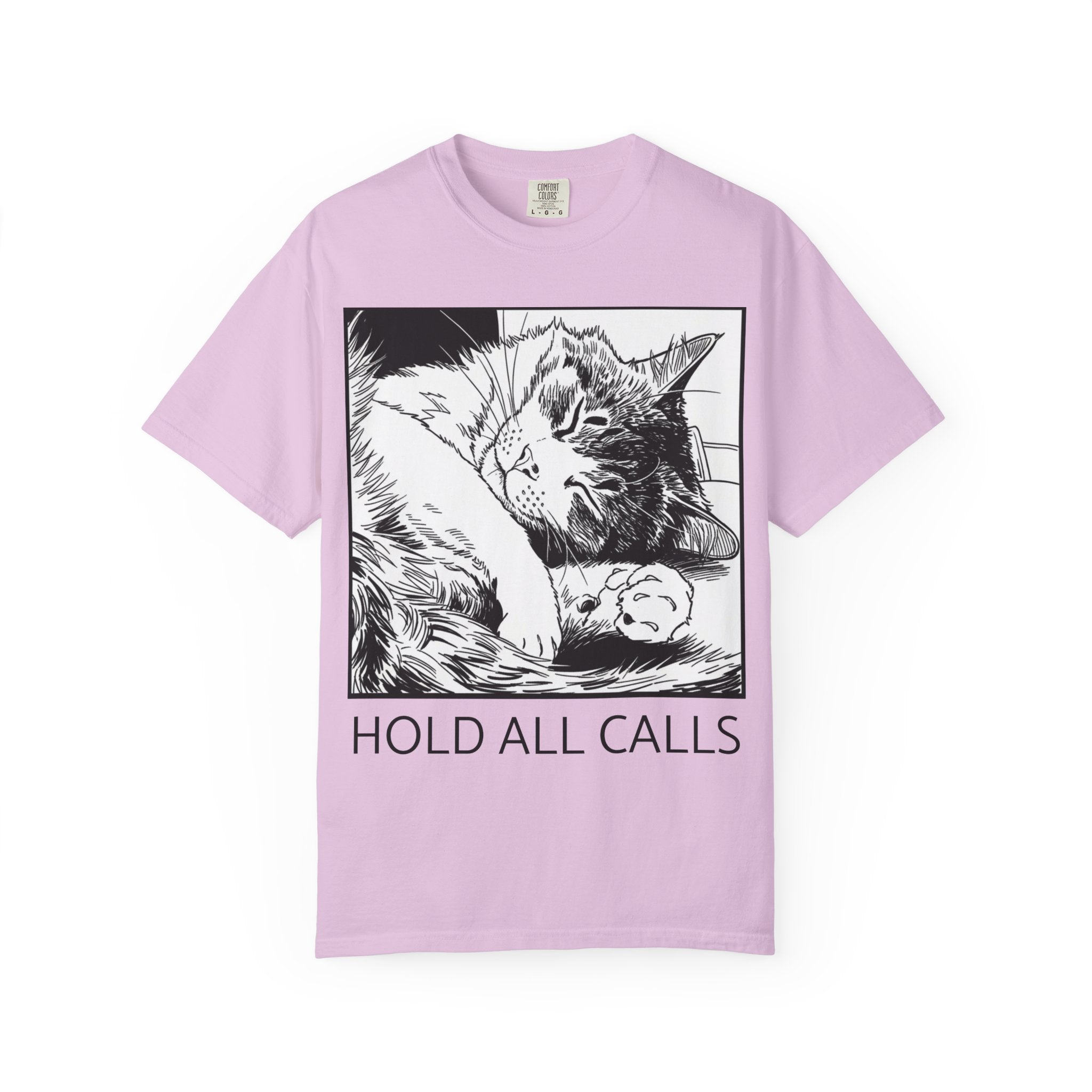 Hold All Calls Sleeping Cat Tee | Funny Cat Comfort Colors Shirt | Cat Lover Gift | Sarcastic Cat Mom Tee