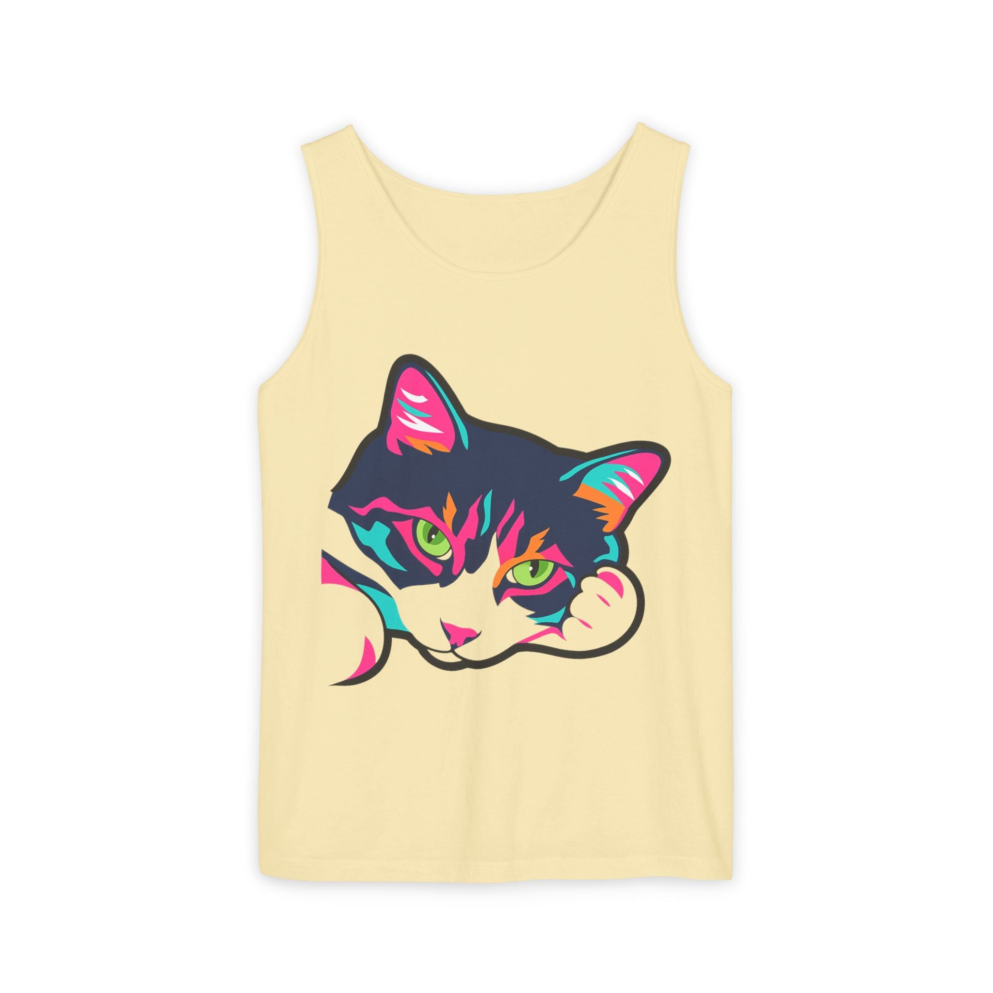 Neon Lulu Cat Face Tank | Bold Pop Art Cat Graphic | Comfort Colors Tank Top | Cat Lover Gift