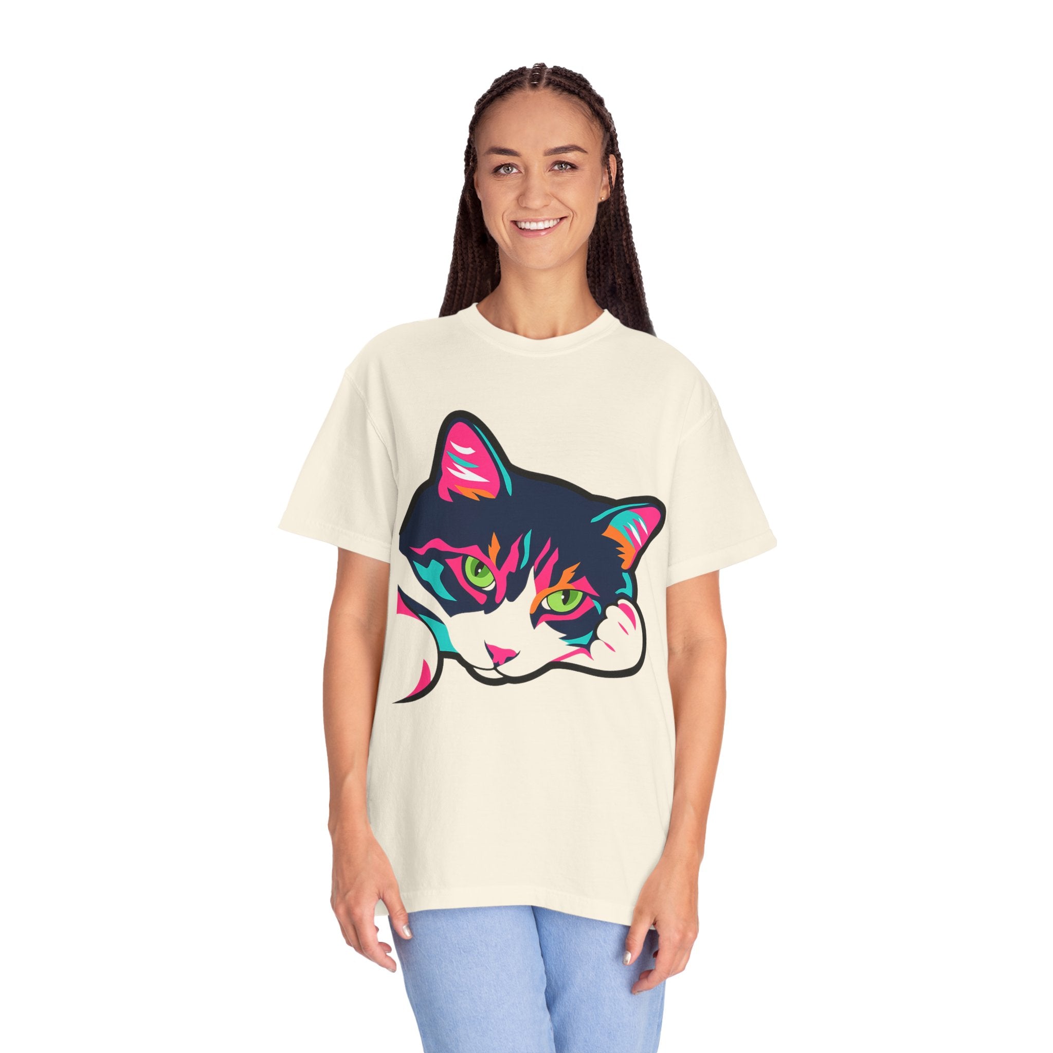 Neon Lulu Cat Face Tee | Bold Pop Art Cat Graphic | Comfort Colors Cat Lover Shirt