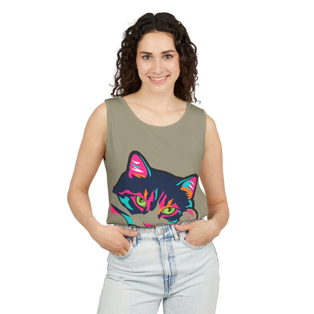 Neon Lulu Cat Face Tank | Bold Pop Art Cat Graphic | Comfort Colors Tank Top | Cat Lover Gift