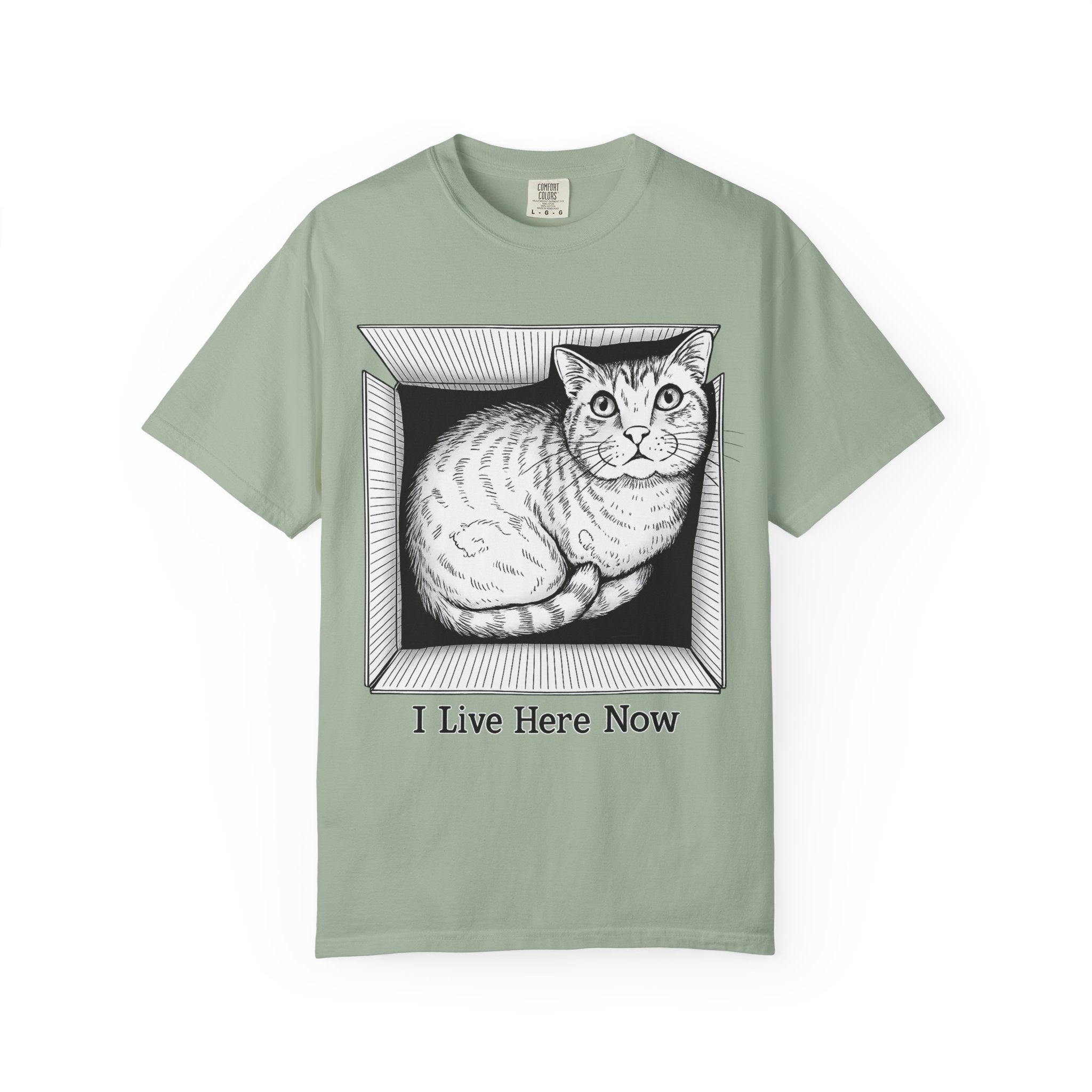 I Live Here Now | Floyd Cat in Box Comfort Colors Tee | Funny Cat Lover Shirt | Tabby Cat Gift