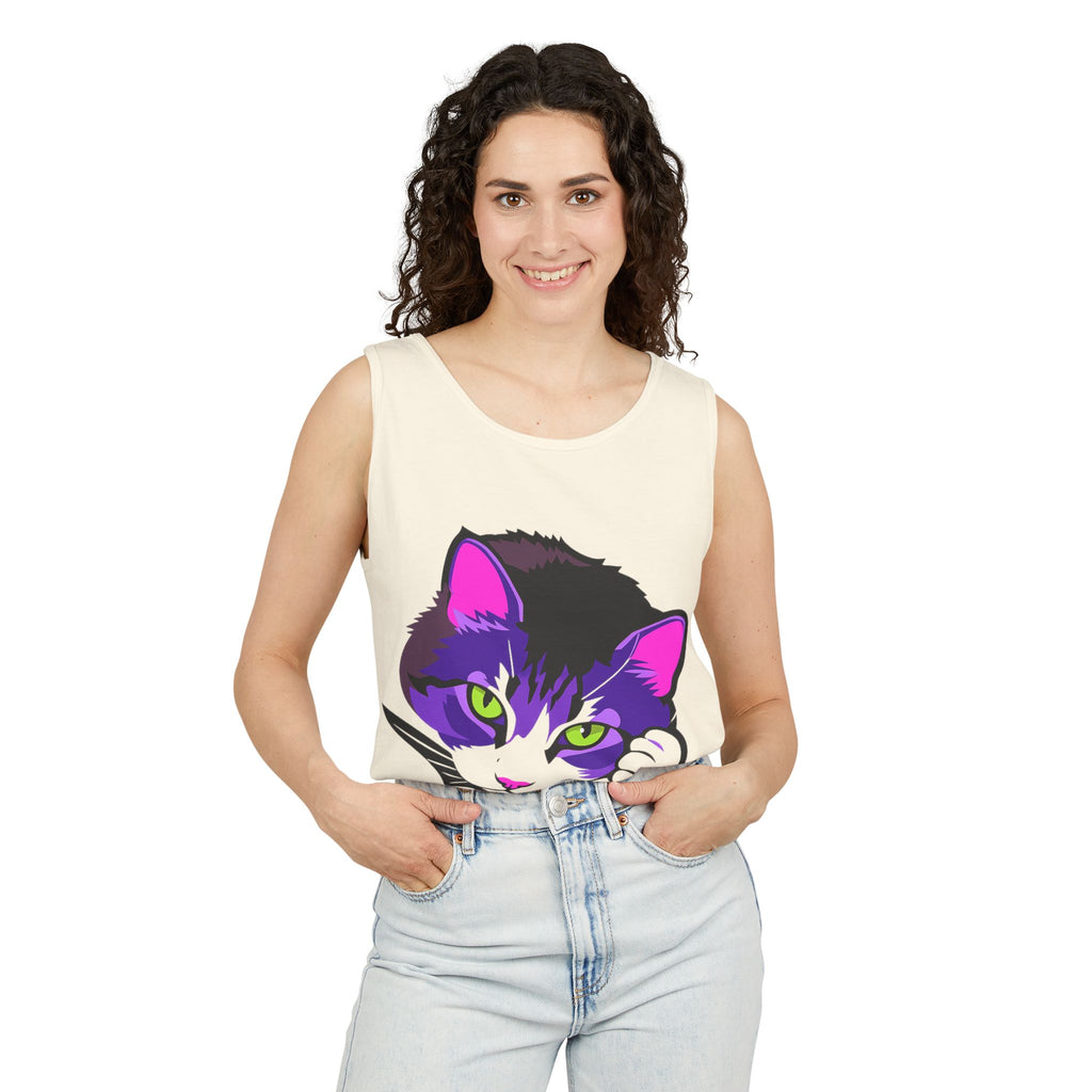 Neon Feline | Lulu Cat Face Tank | Bold Pop Art Cat Graphic | Comfort Colors Tank Top | Cat Lover Gift