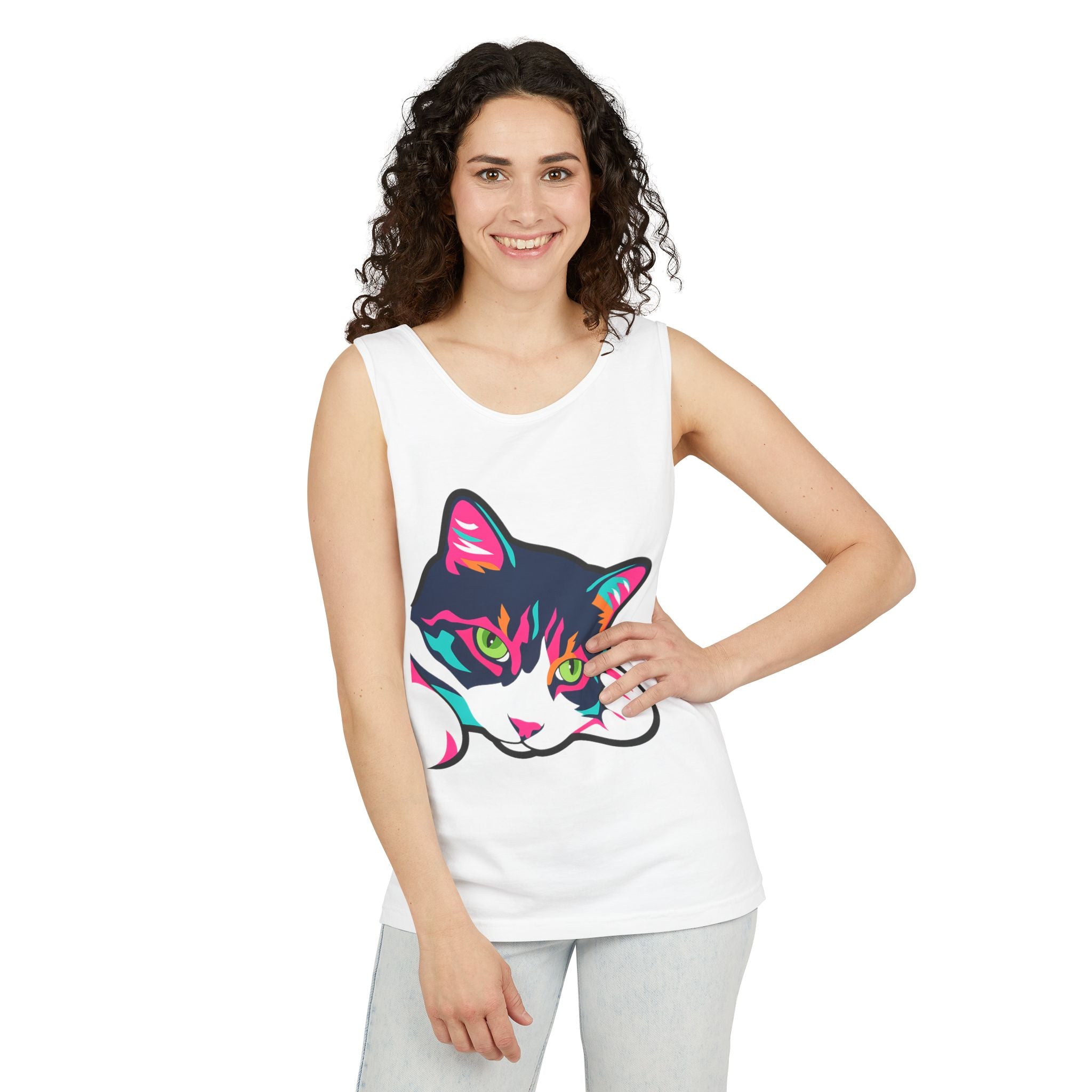 Neon Lulu Cat Face Tank | Bold Pop Art Cat Graphic | Comfort Colors Tank Top | Cat Lover Gift