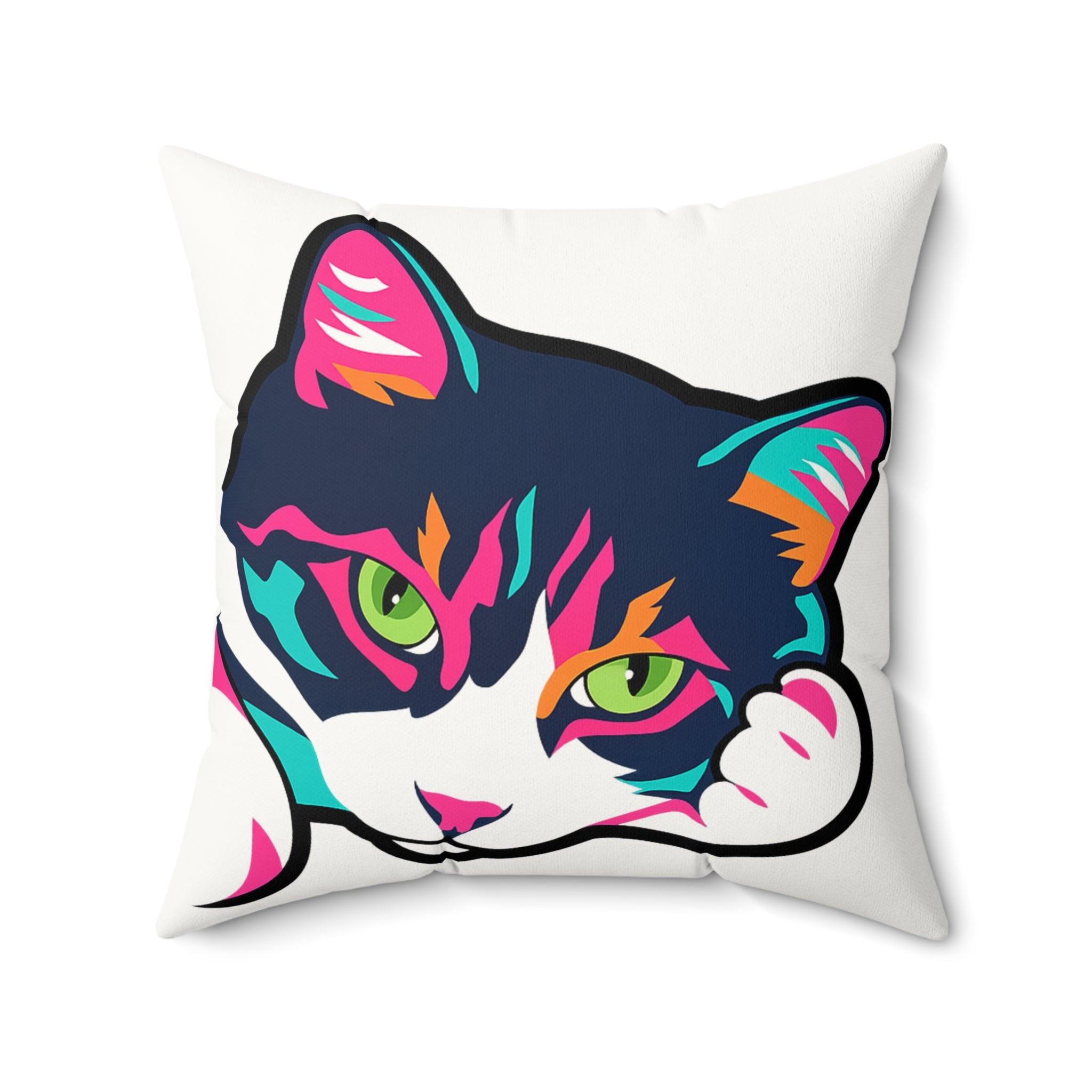 Colorful Pop Art Cat Faux Suede Square Pillow | Bright Neon Kitty Throw Pillow