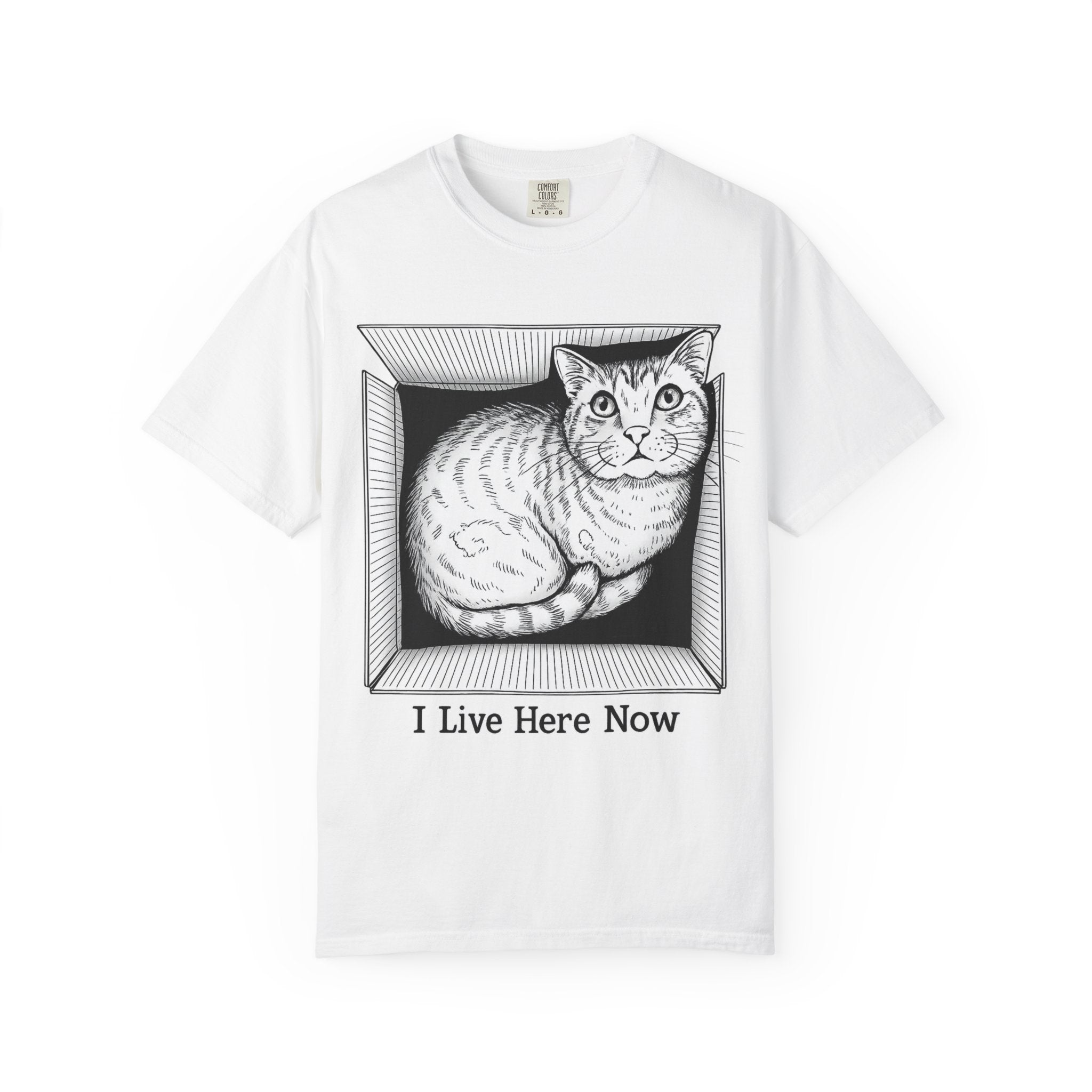 I Live Here Now | Floyd Cat in Box Comfort Colors Tee | Funny Cat Lover Shirt | Tabby Cat Gift