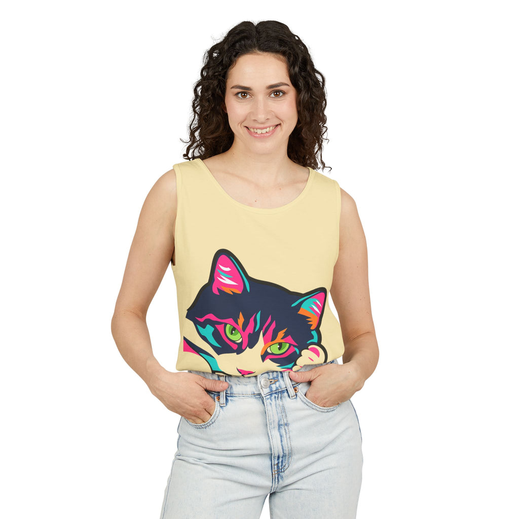Neon Lulu Cat Face Tank | Bold Pop Art Cat Graphic | Comfort Colors Tank Top | Cat Lover Gift