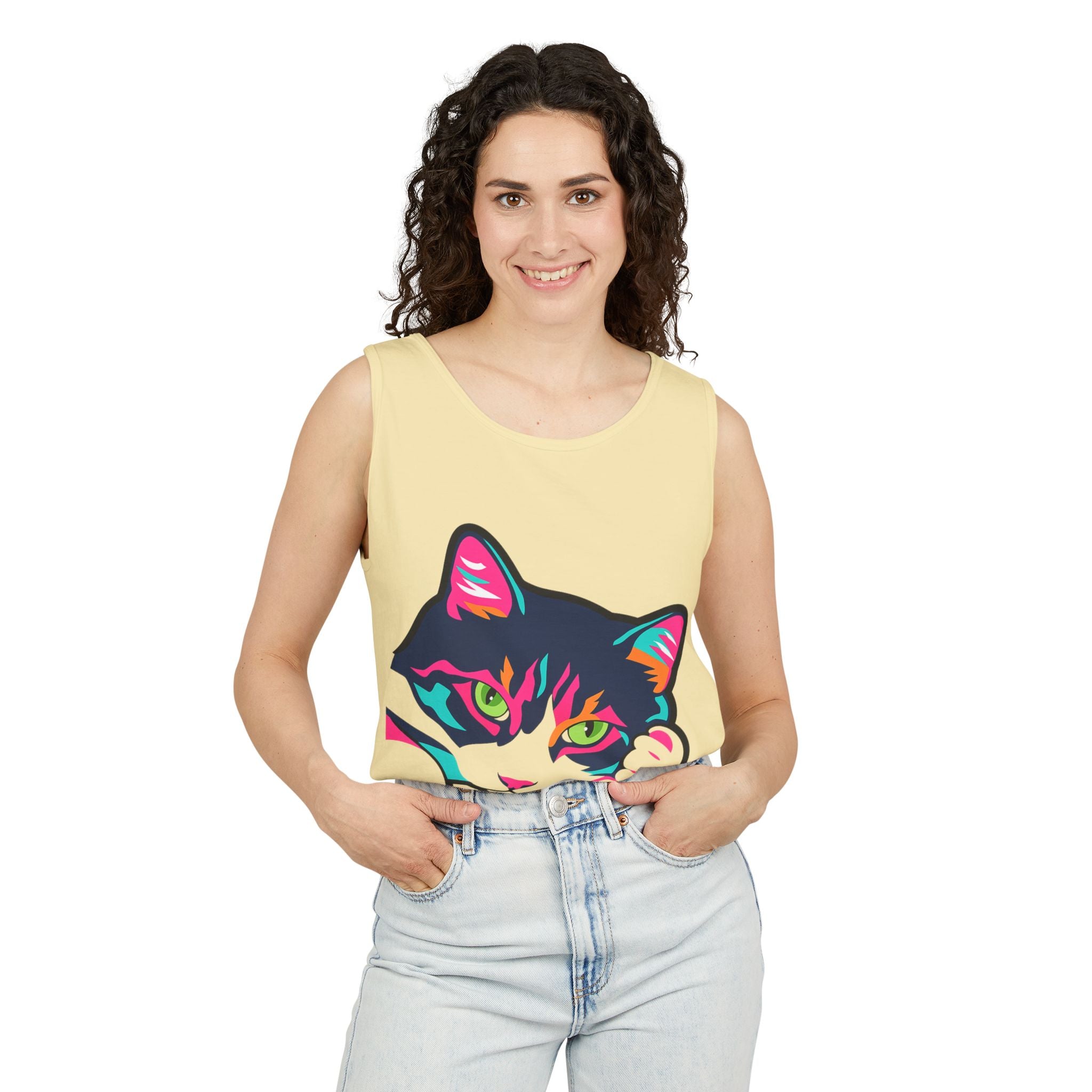 Neon Lulu Cat Face Tank | Bold Pop Art Cat Graphic | Comfort Colors Tank Top | Cat Lover Gift