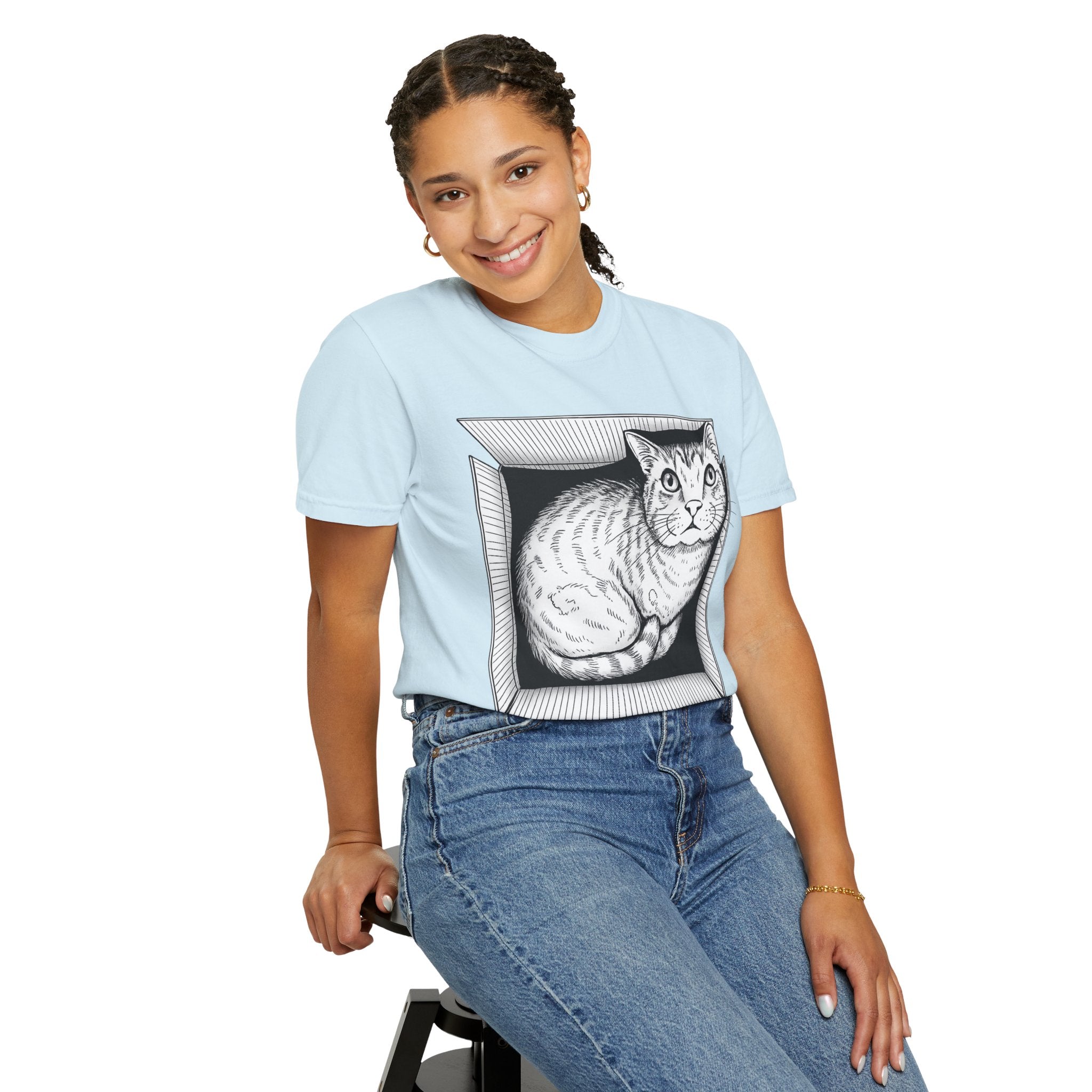 I Live Here Now | Floyd Cat in Box Comfort Colors Tee | Funny Cat Lover Shirt | Tabby Cat Gift