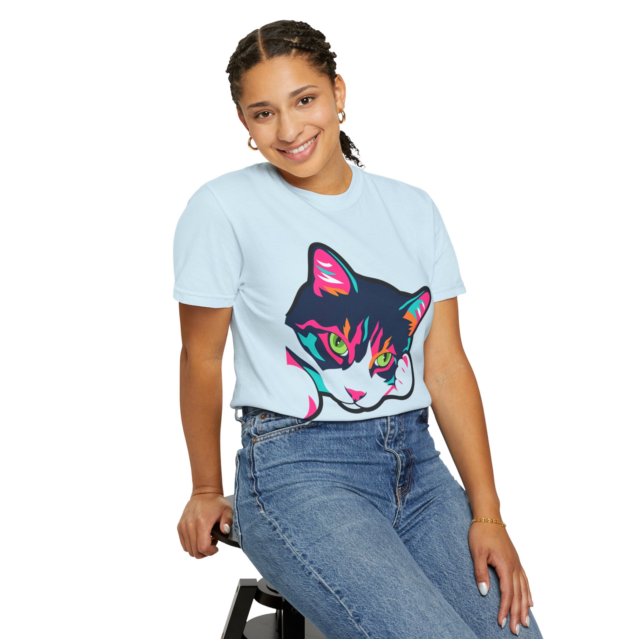 Neon Lulu Cat Face Tee | Bold Pop Art Cat Graphic | Comfort Colors Cat Lover Shirt