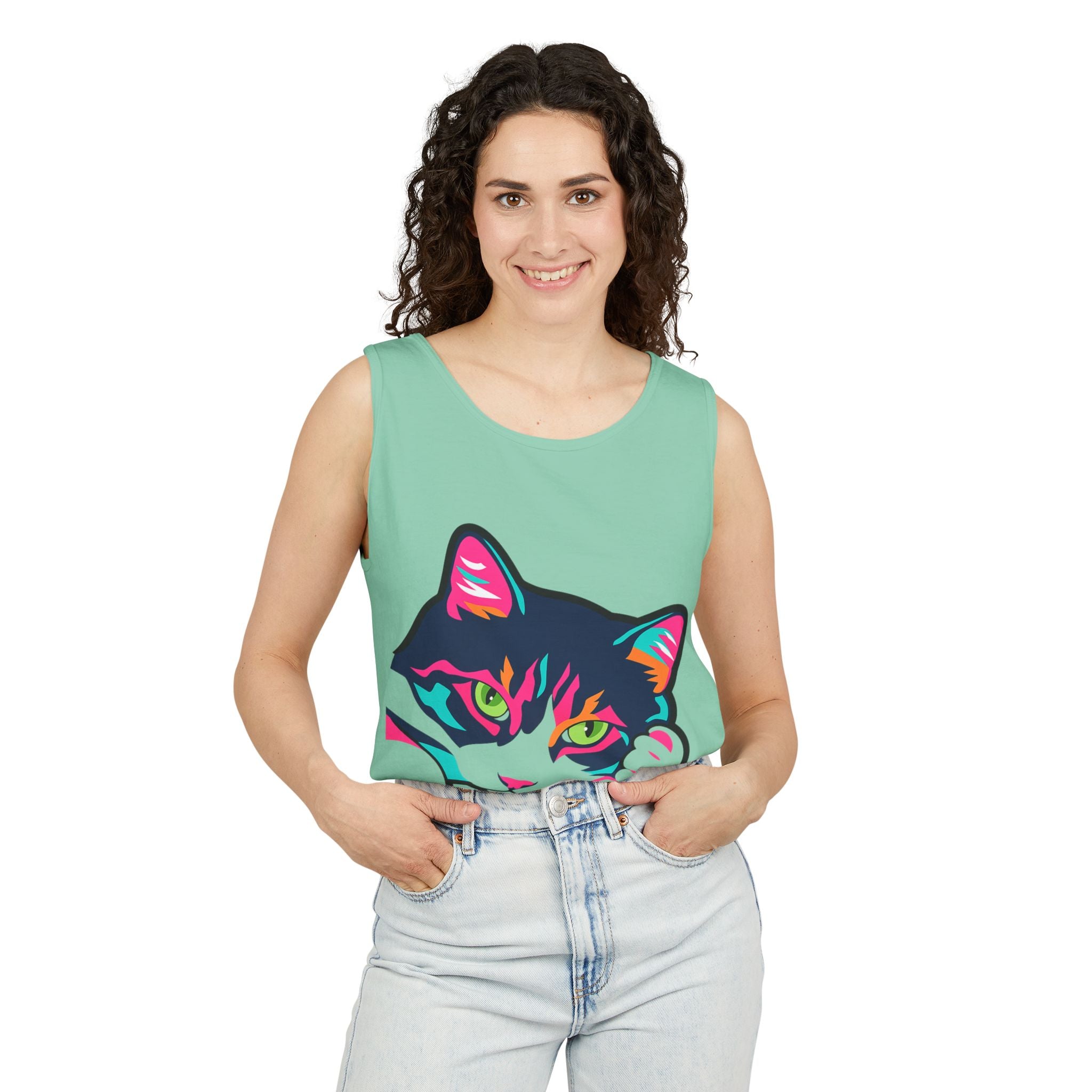 Neon Lulu Cat Face Tank | Bold Pop Art Cat Graphic | Comfort Colors Tank Top | Cat Lover Gift