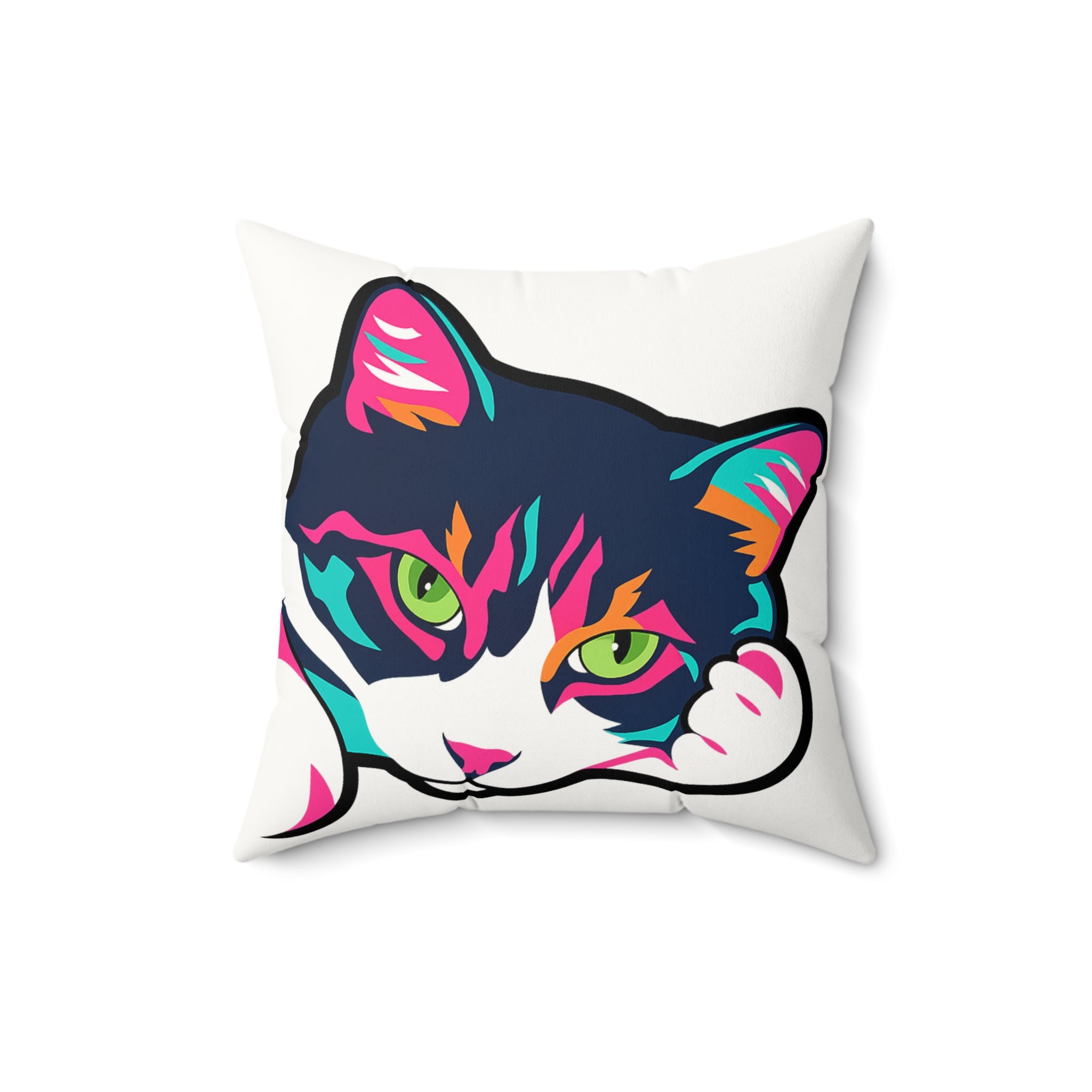 Colorful Pop Art Cat Faux Suede Square Pillow | Bright Neon Kitty Throw Pillow