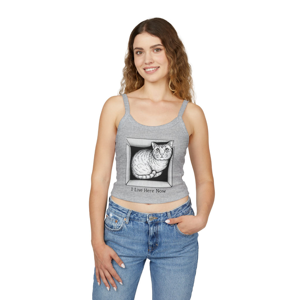 I Live Here Now Cat in Box Tank Top | Funny Floyd Illustration | Cat Lover Gift