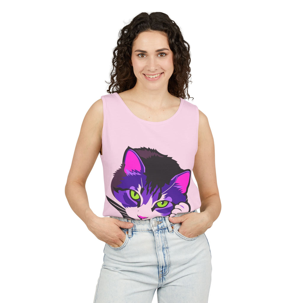 Neon Feline | Lulu Cat Face Tank | Bold Pop Art Cat Graphic | Comfort Colors Tank Top | Cat Lover Gift