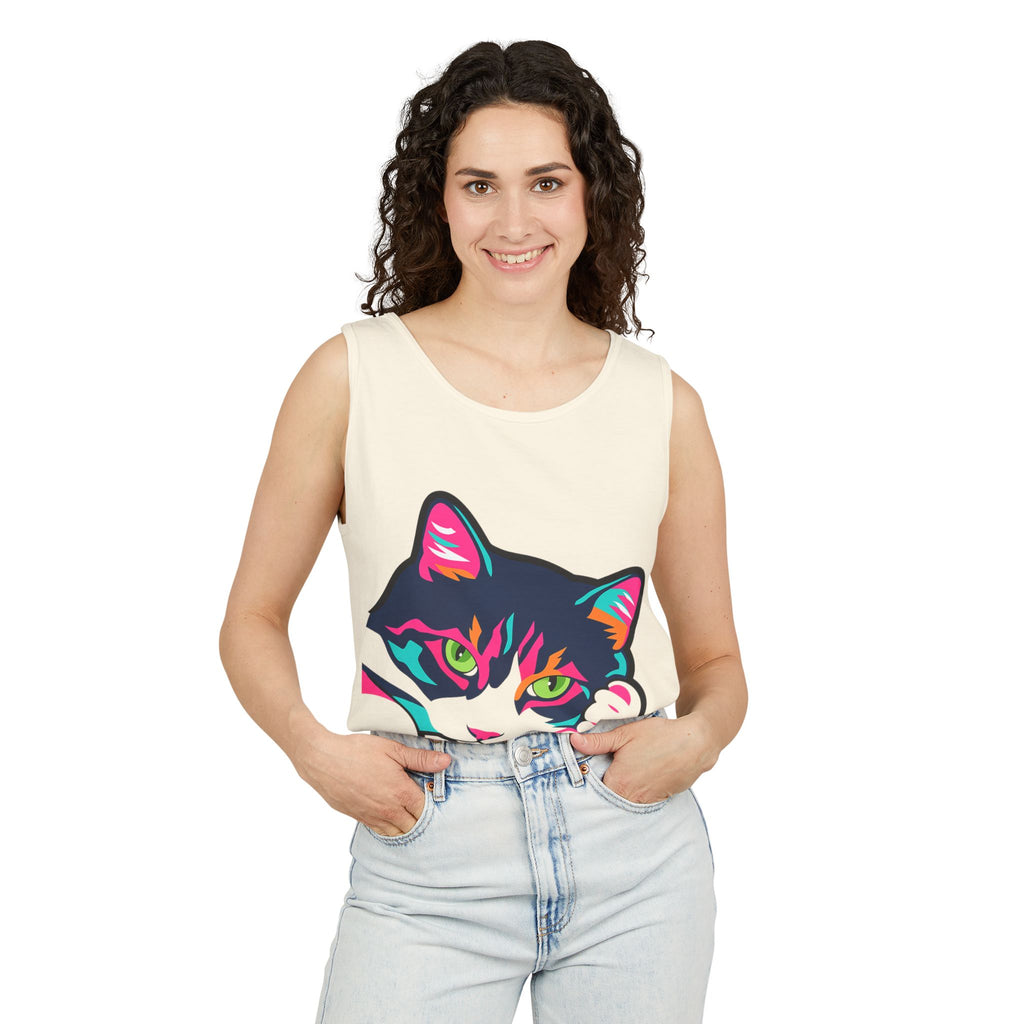 Neon Lulu Cat Face Tank | Bold Pop Art Cat Graphic | Comfort Colors Tank Top | Cat Lover Gift