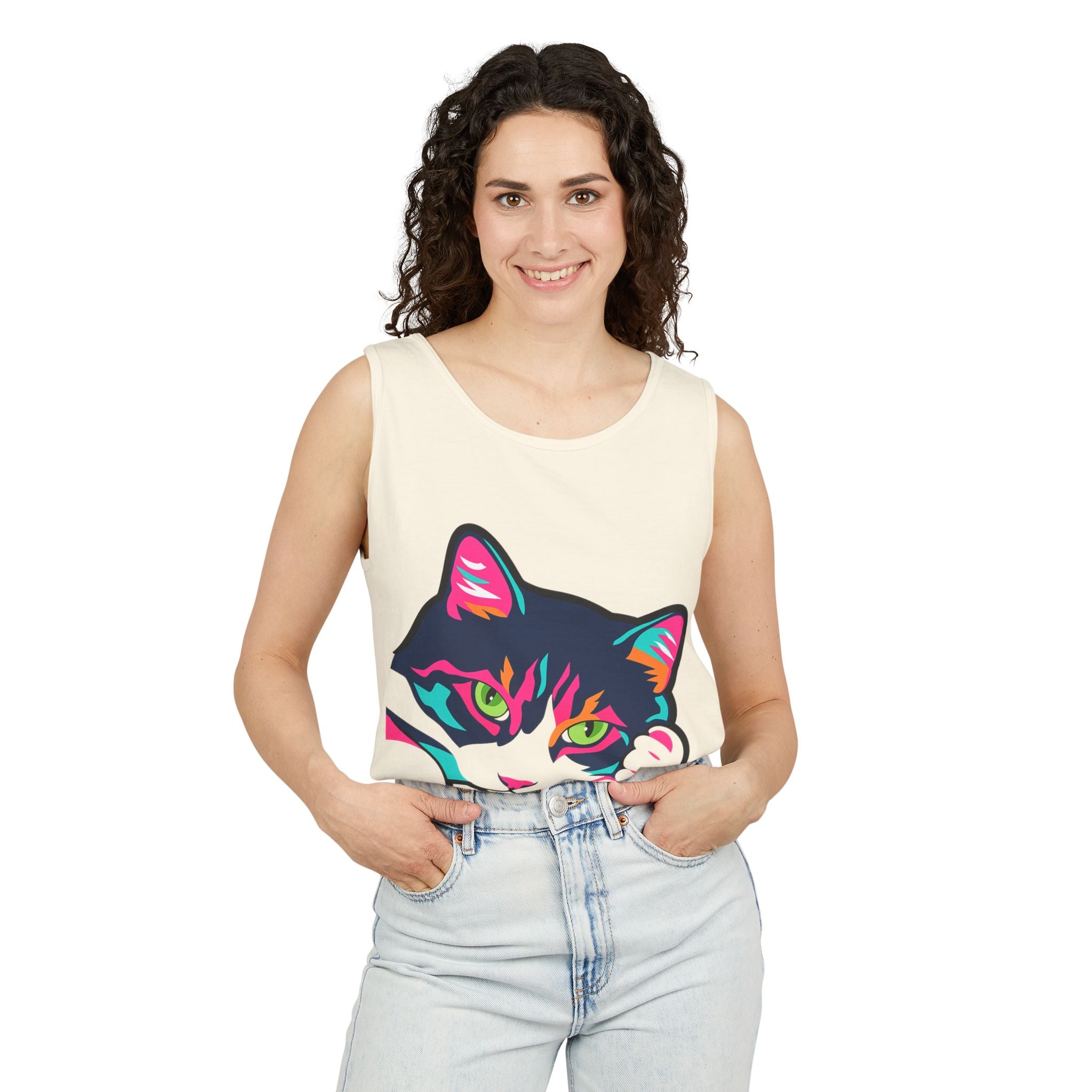 Neon Lulu Cat Face Tank | Bold Pop Art Cat Graphic | Comfort Colors Tank Top | Cat Lover Gift
