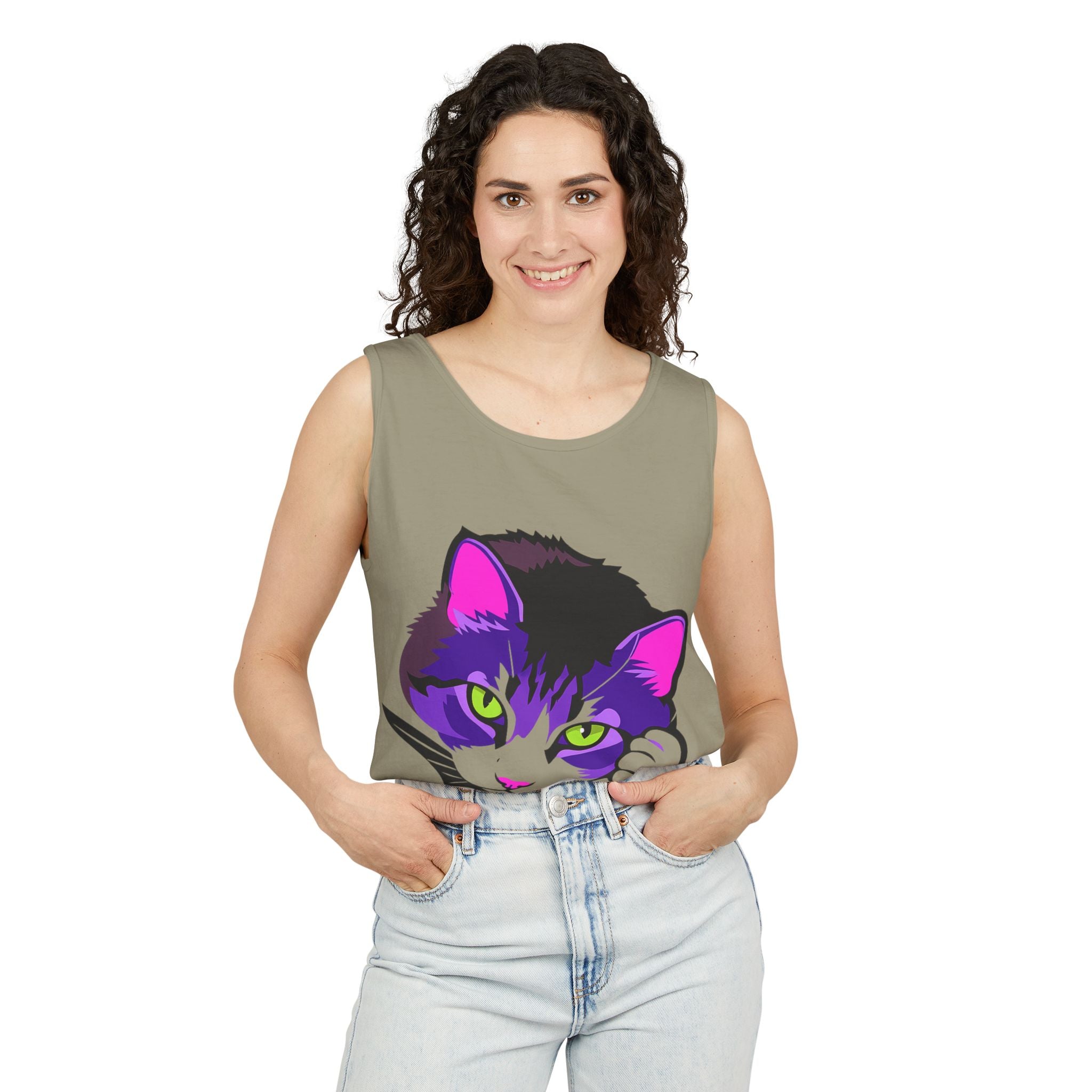 Neon Feline | Lulu Cat Face Tank | Bold Pop Art Cat Graphic | Comfort Colors Tank Top | Cat Lover Gift