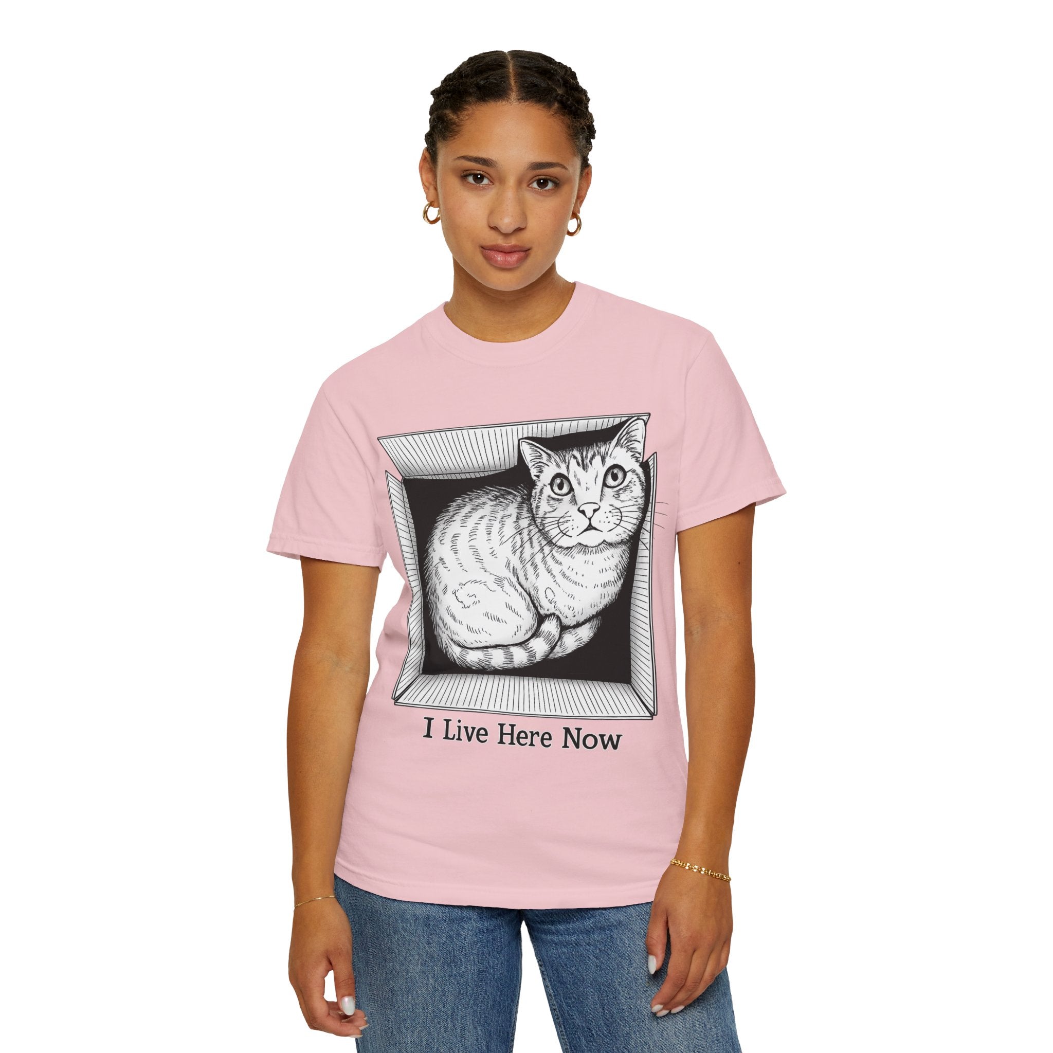 I Live Here Now | Floyd Cat in Box Comfort Colors Tee | Funny Cat Lover Shirt | Tabby Cat Gift