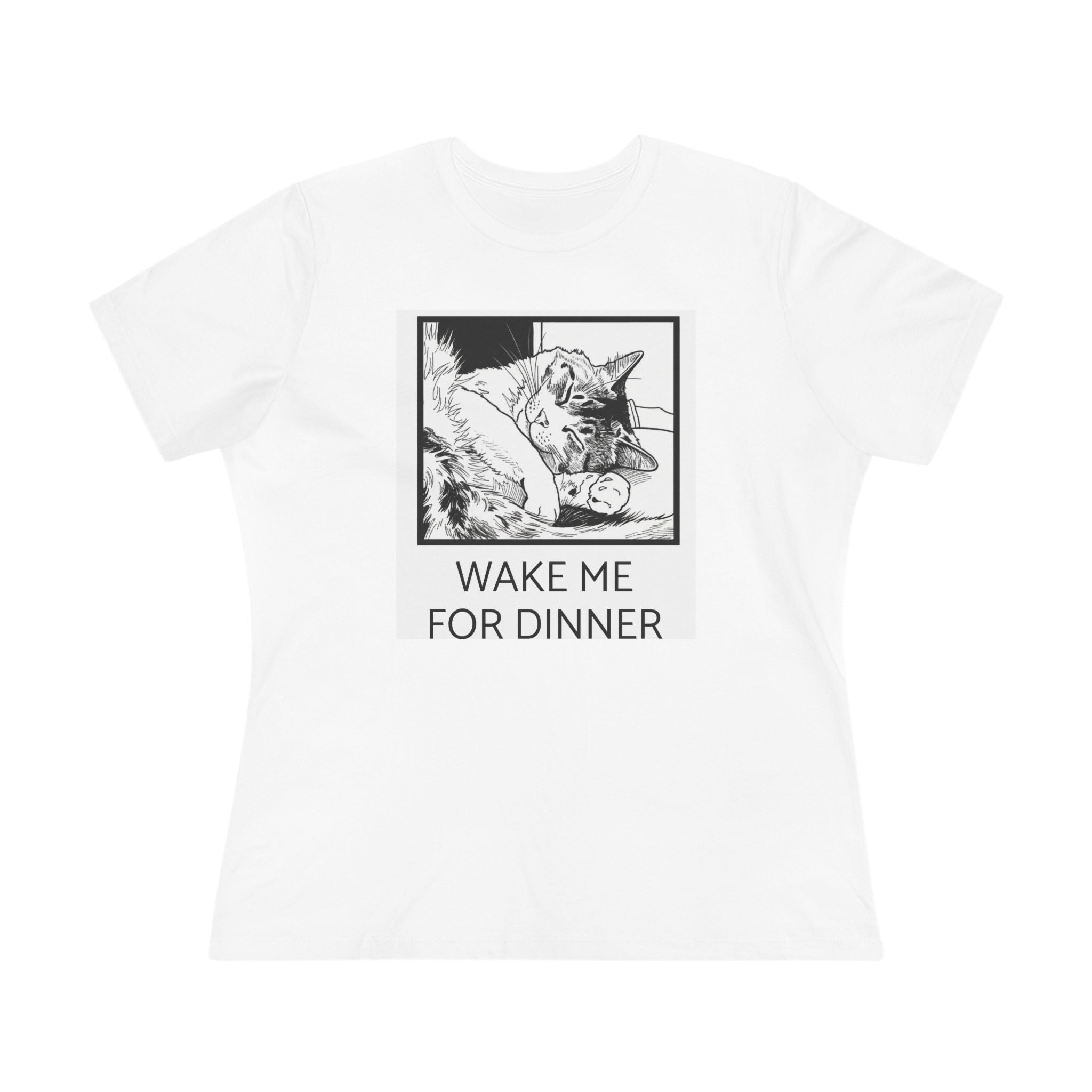 Sleeping Cat Illustration Wake Me For Dinner Tee | Cat Lover Shirt