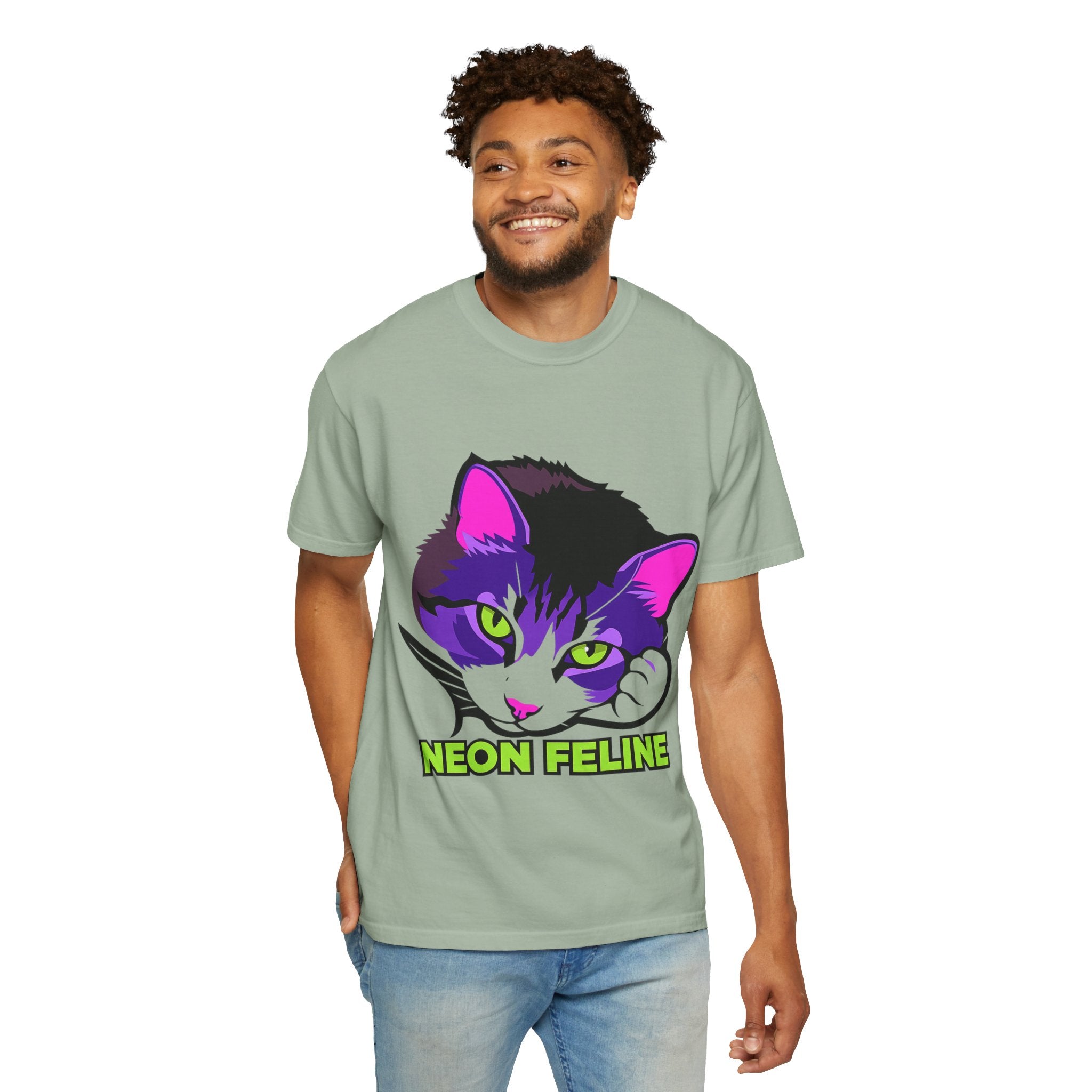 Neon Feline | Lulu Cat Face Comfort Colors Tee | Bold Neon Cat Graphic Shirt | Cat Lover Gift