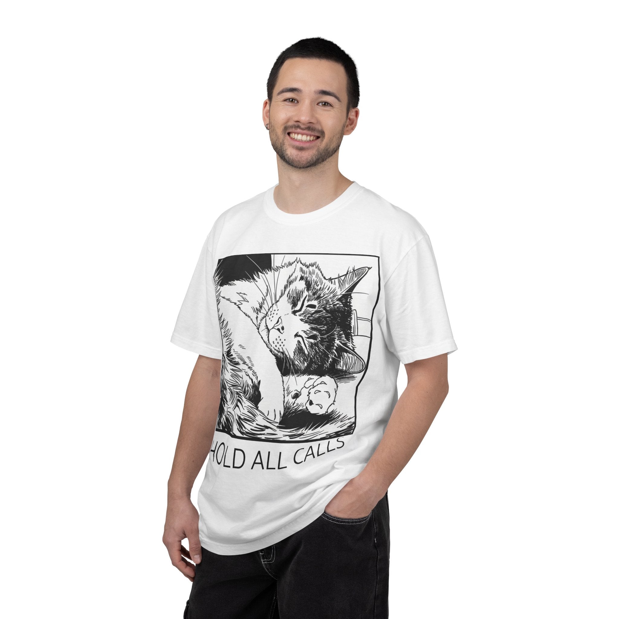 Hold All Calls Sleeping Cat Tee | Funny Cat Comfort Colors Shirt | Cat Lover Gift | Sarcastic Cat Mom Tee