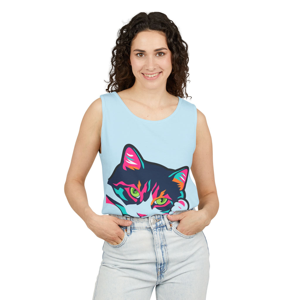 Neon Lulu Cat Face Tank | Bold Pop Art Cat Graphic | Comfort Colors Tank Top | Cat Lover Gift
