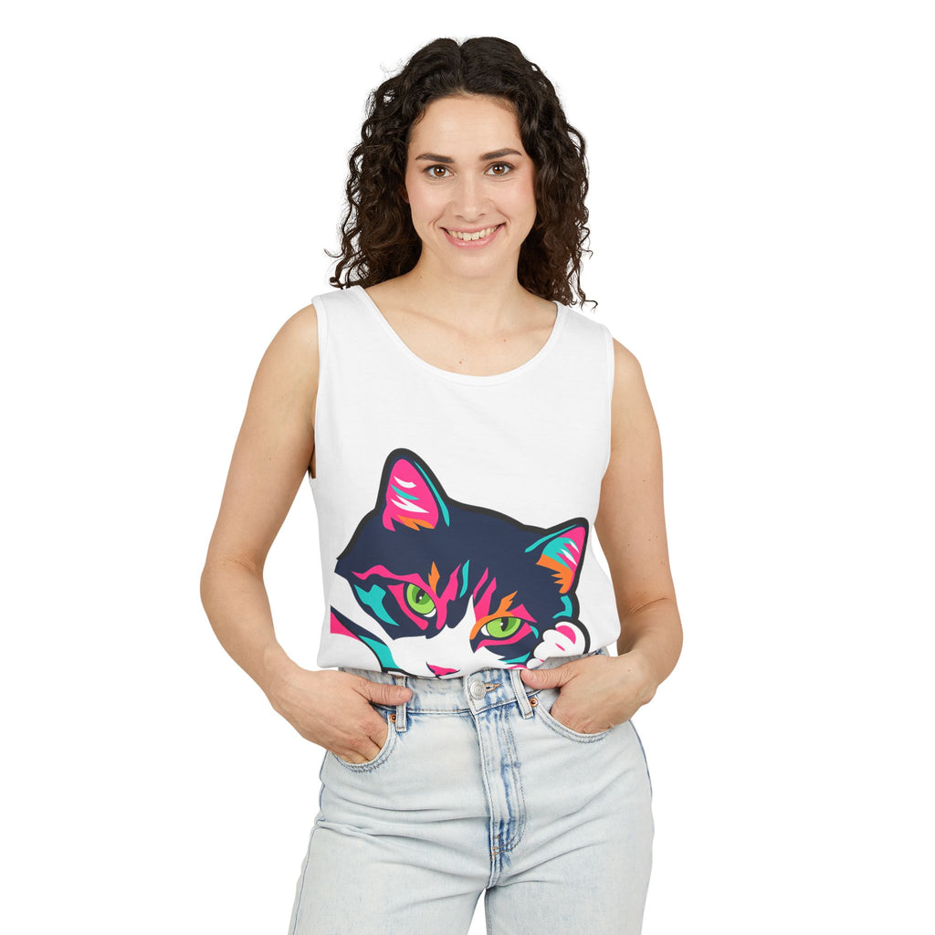 Neon Lulu Cat Face Tank | Bold Pop Art Cat Graphic | Comfort Colors Tank Top | Cat Lover Gift