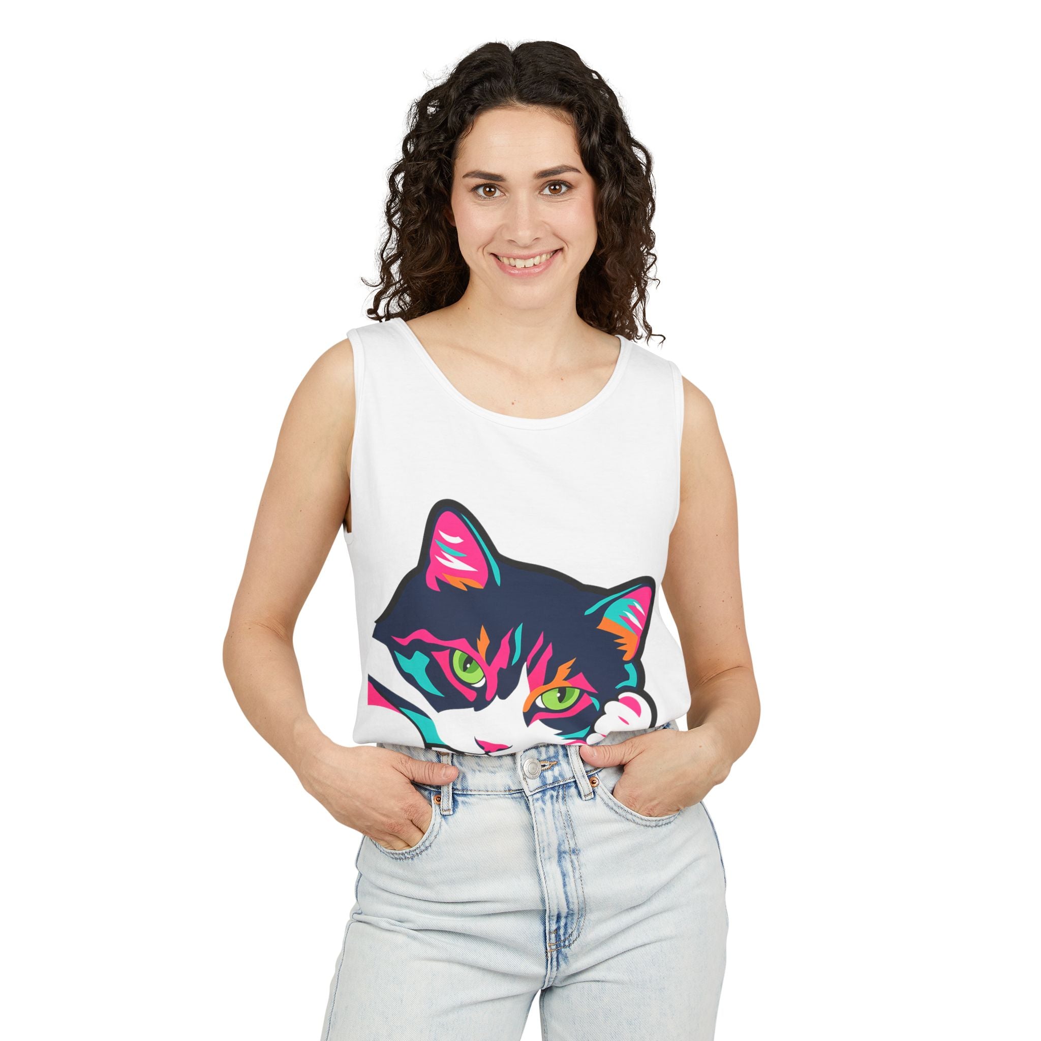Neon Lulu Cat Face Tank | Bold Pop Art Cat Graphic | Comfort Colors Tank Top | Cat Lover Gift