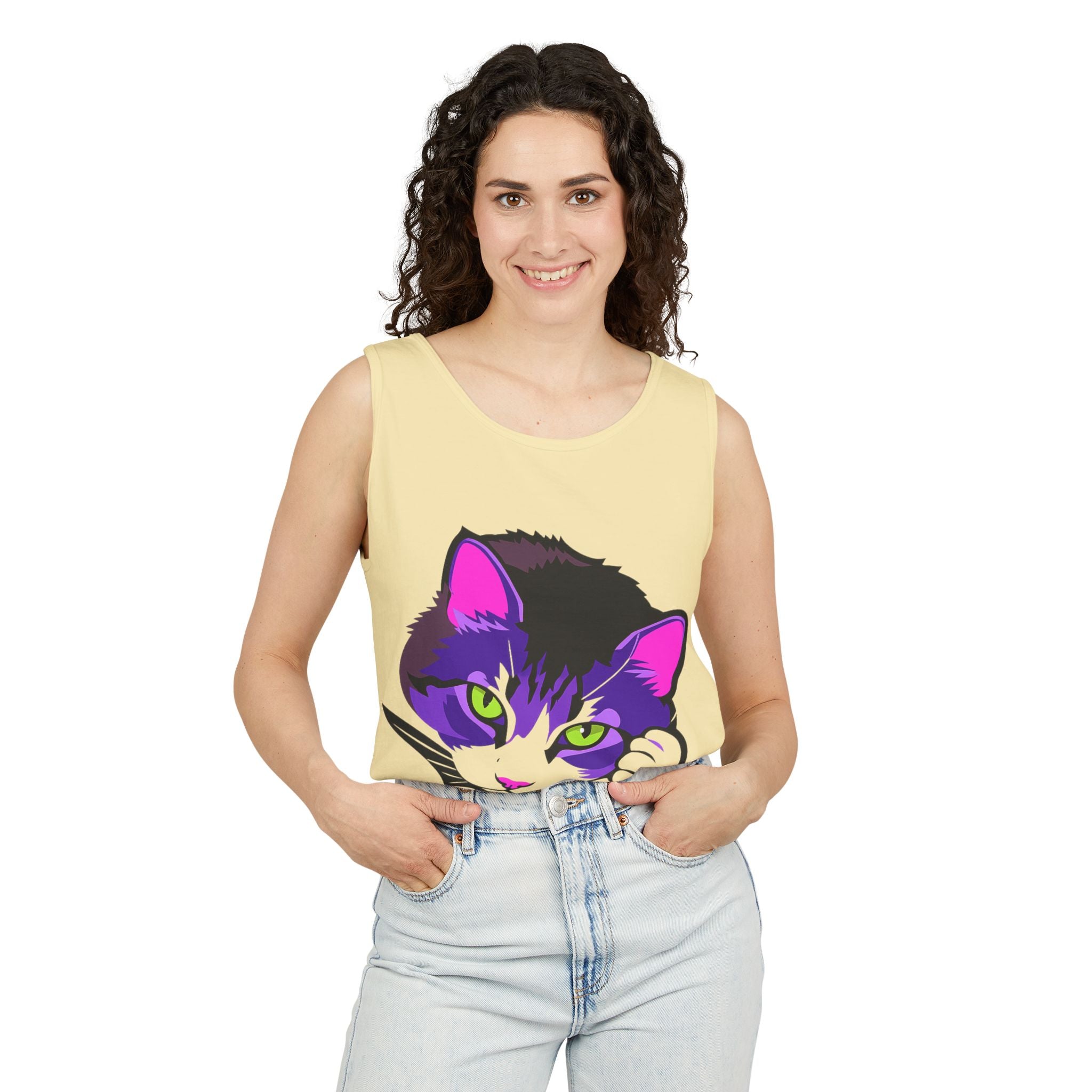 Neon Feline | Lulu Cat Face Tank | Bold Pop Art Cat Graphic | Comfort Colors Tank Top | Cat Lover Gift