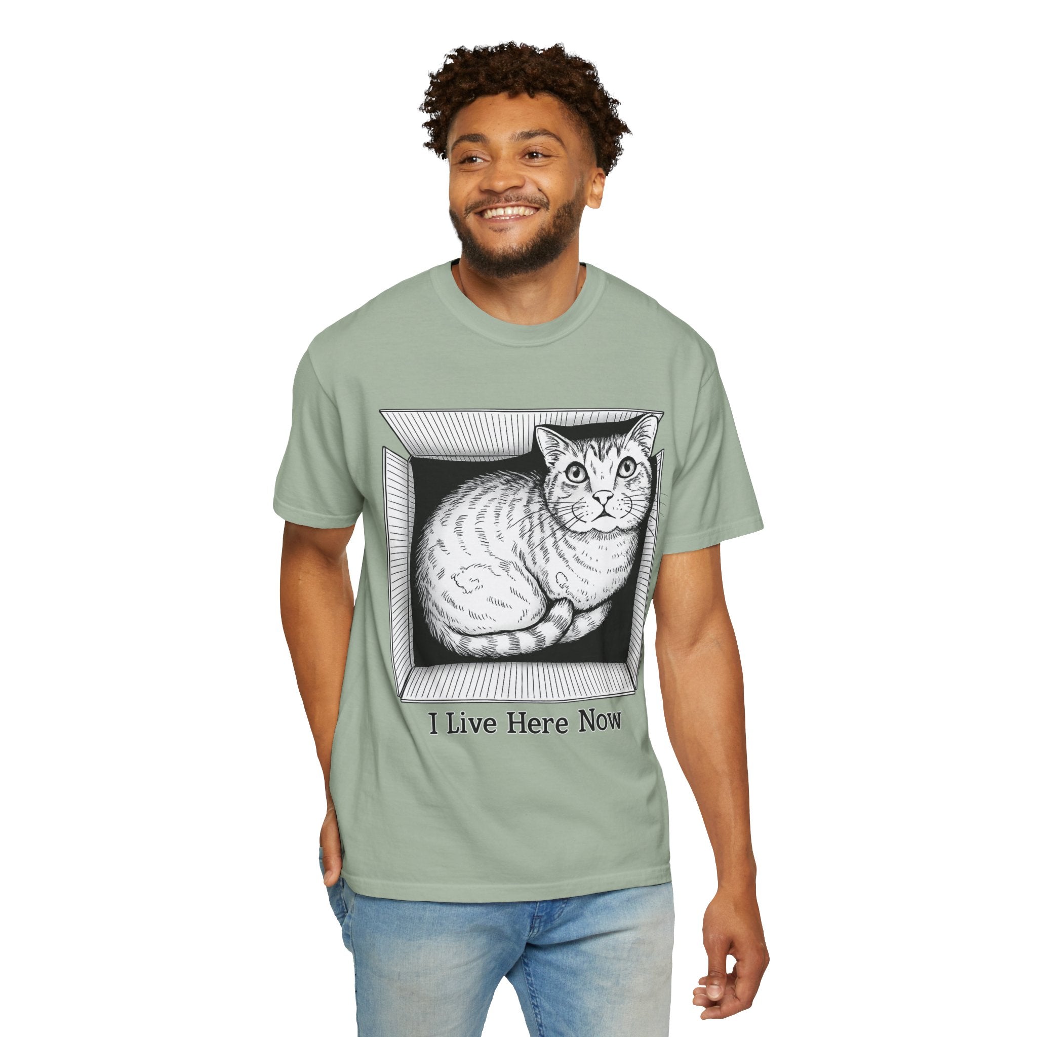 I Live Here Now | Floyd Cat in Box Comfort Colors Tee | Funny Cat Lover Shirt | Tabby Cat Gift