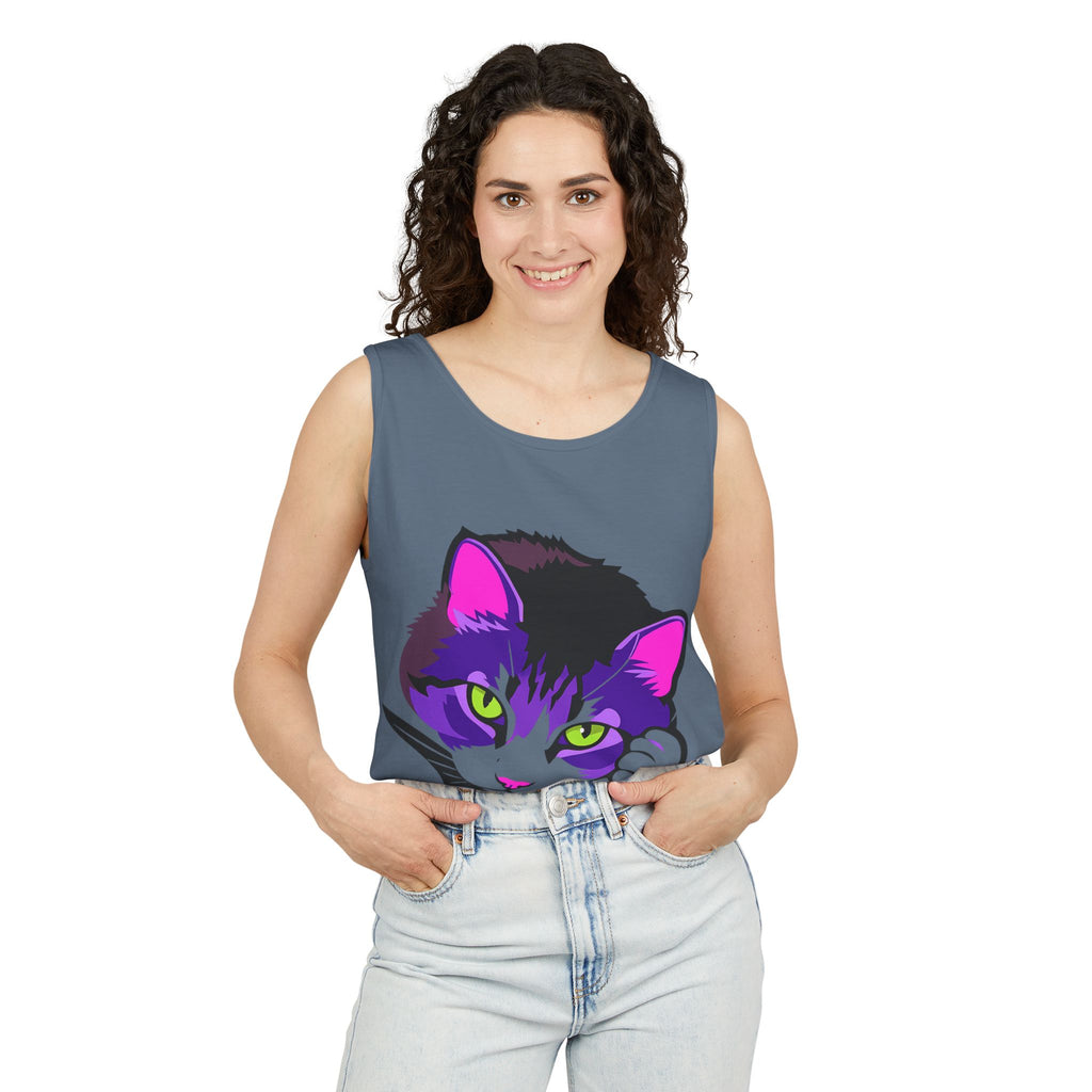 Neon Feline | Lulu Cat Face Tank | Bold Pop Art Cat Graphic | Comfort Colors Tank Top | Cat Lover Gift