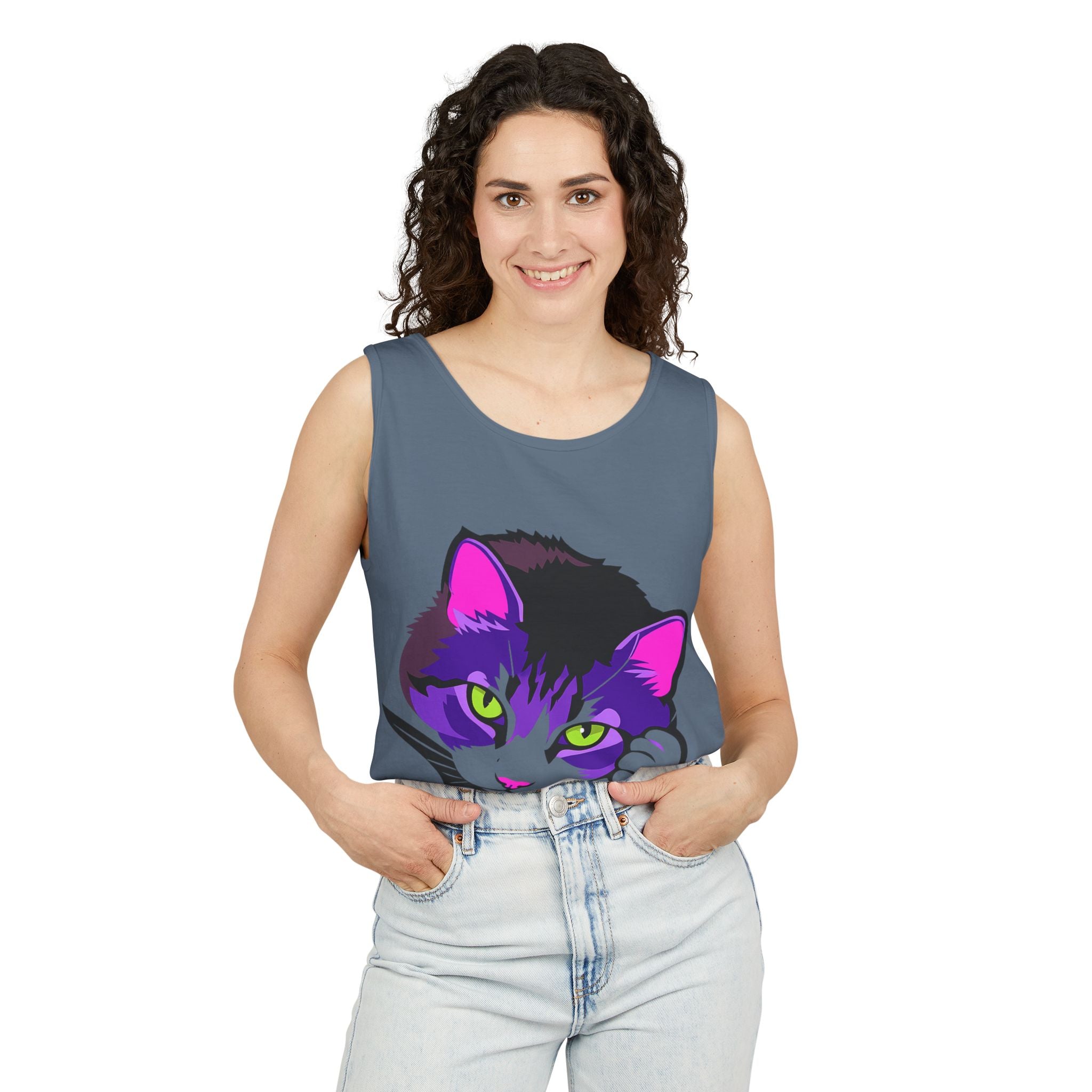 Neon Feline | Lulu Cat Face Tank | Bold Pop Art Cat Graphic | Comfort Colors Tank Top | Cat Lover Gift