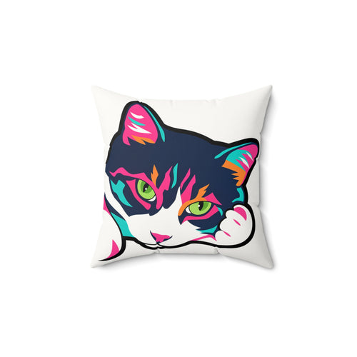 Colorful Pop Art Cat Faux Suede Square Pillow | Bright Neon Kitty Throw Pillow