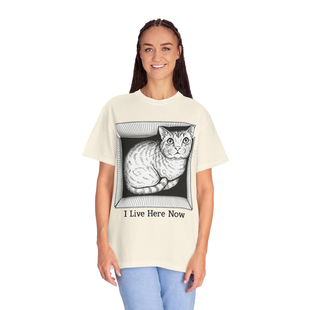 I Live Here Now | Floyd Cat in Box Comfort Colors Tee | Funny Cat Lover Shirt | Tabby Cat Gift