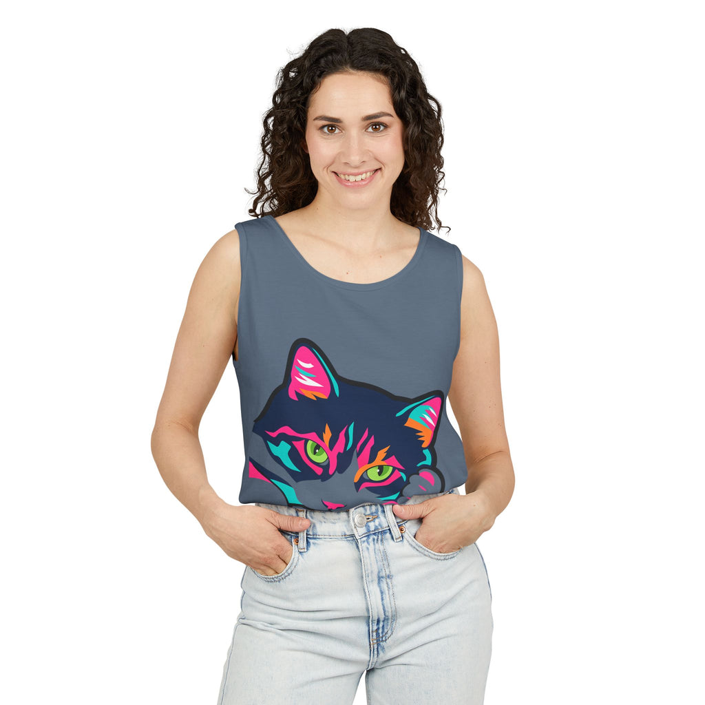 Neon Lulu Cat Face Tank | Bold Pop Art Cat Graphic | Comfort Colors Tank Top | Cat Lover Gift